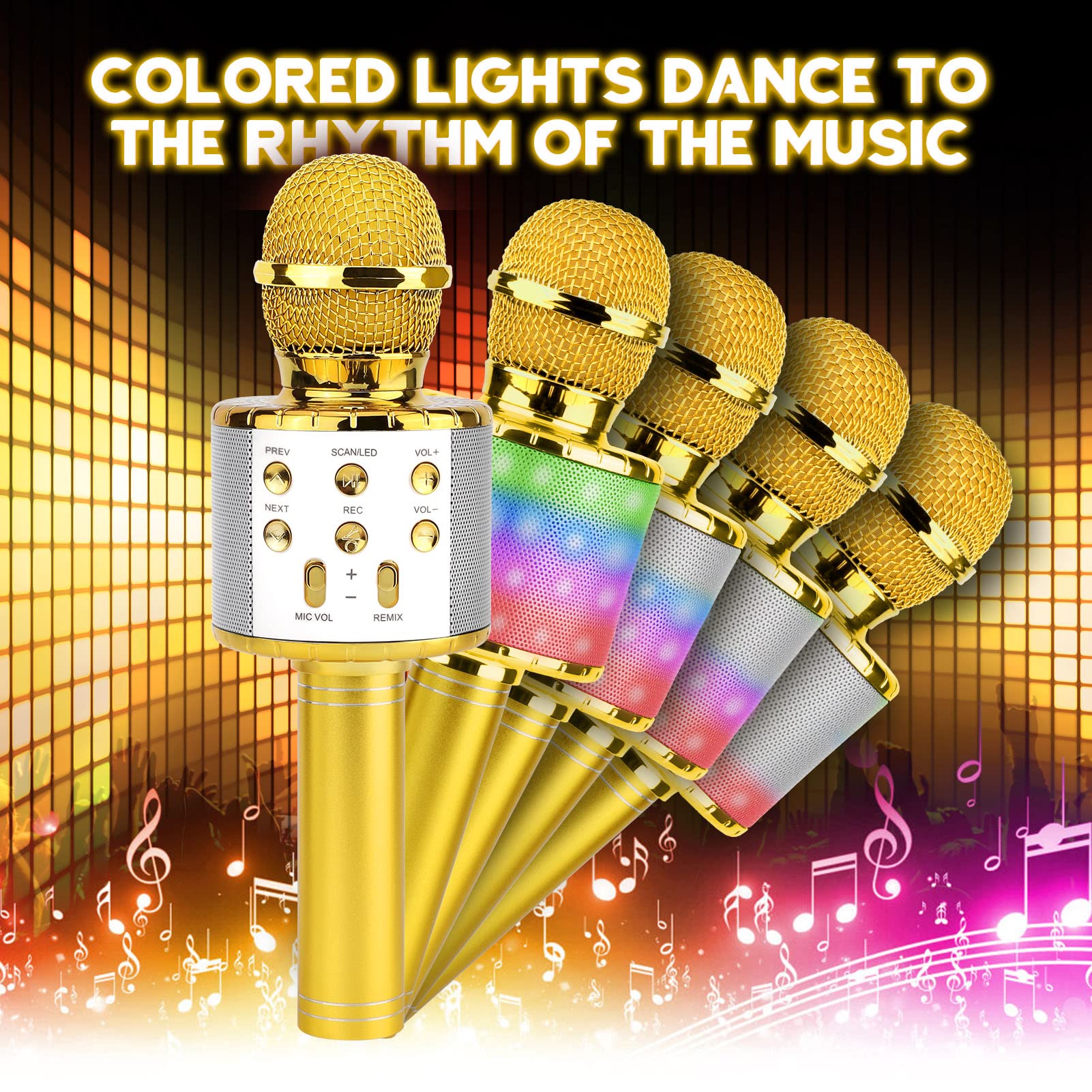 ShinePick Microfono Inalámbrico Karaoke, Micrófono Karaoke Bluetooth Portátil con Altavoz y LED para Niños Canta Partido Musica, Compatible con Android/iOS PC, AUX o Teléfono Inteligente (Dorado)