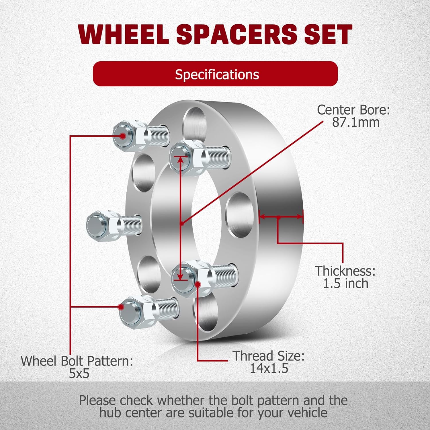 5x5 Wheel Spacers for Chevrolet for Tahoe for C1500 for Express 1500, for Jeep for Grand Cherokee for GMC for Yukon, 2Pcs 1.5inch Wheel Adapters & Spacers with 14x1.5 Studs 87.1mm Bore