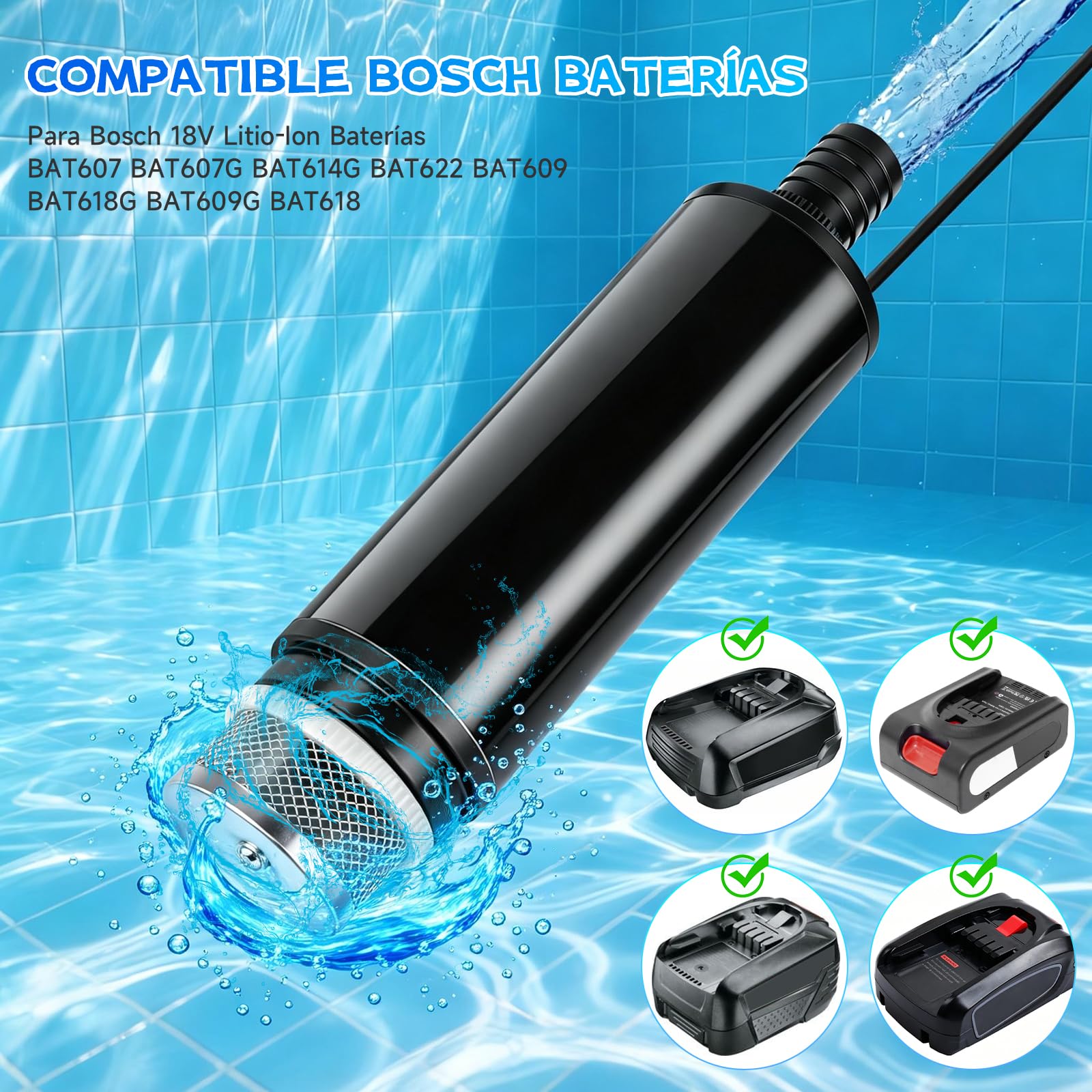 Mini Bomba de Agua Sumergible Compatible con Bosch 18V, 30 L/min Bomba de Agua a Batería Portátil para Barril de Lluvia, Piscina, Estanque y Riego de Jardín (Batería No Incluida)