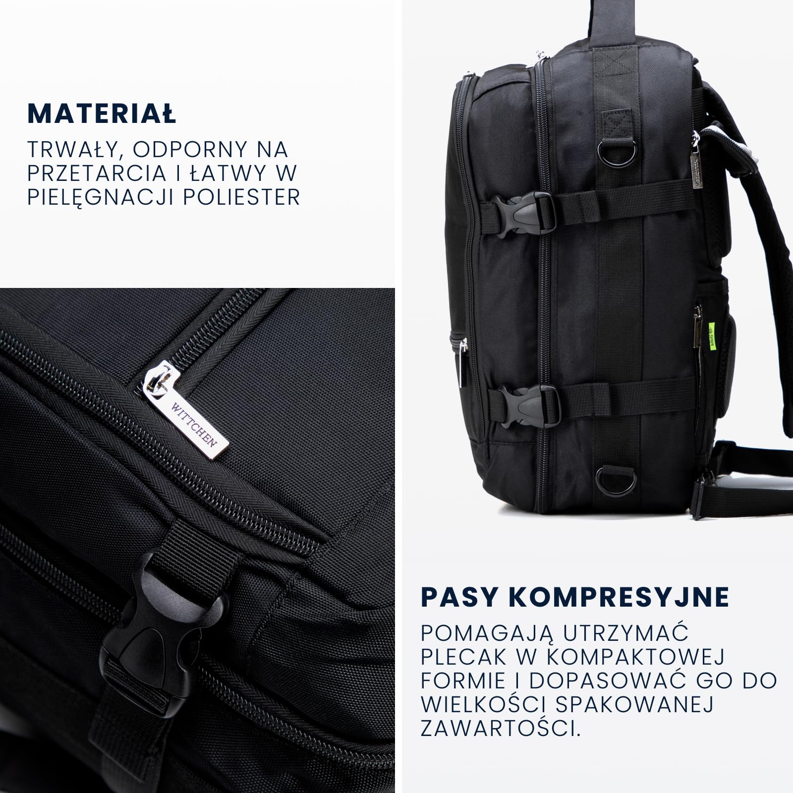 WITTCHEN Wielofunkcyjny Plecak Torba Podróżna 2w1 Czarny, Bagaż Podręczny 40x30x20 cm, Plecak do Samolotu z Kieszenią RFID i Przegrodą na Laptopa 14,5”, Poliester