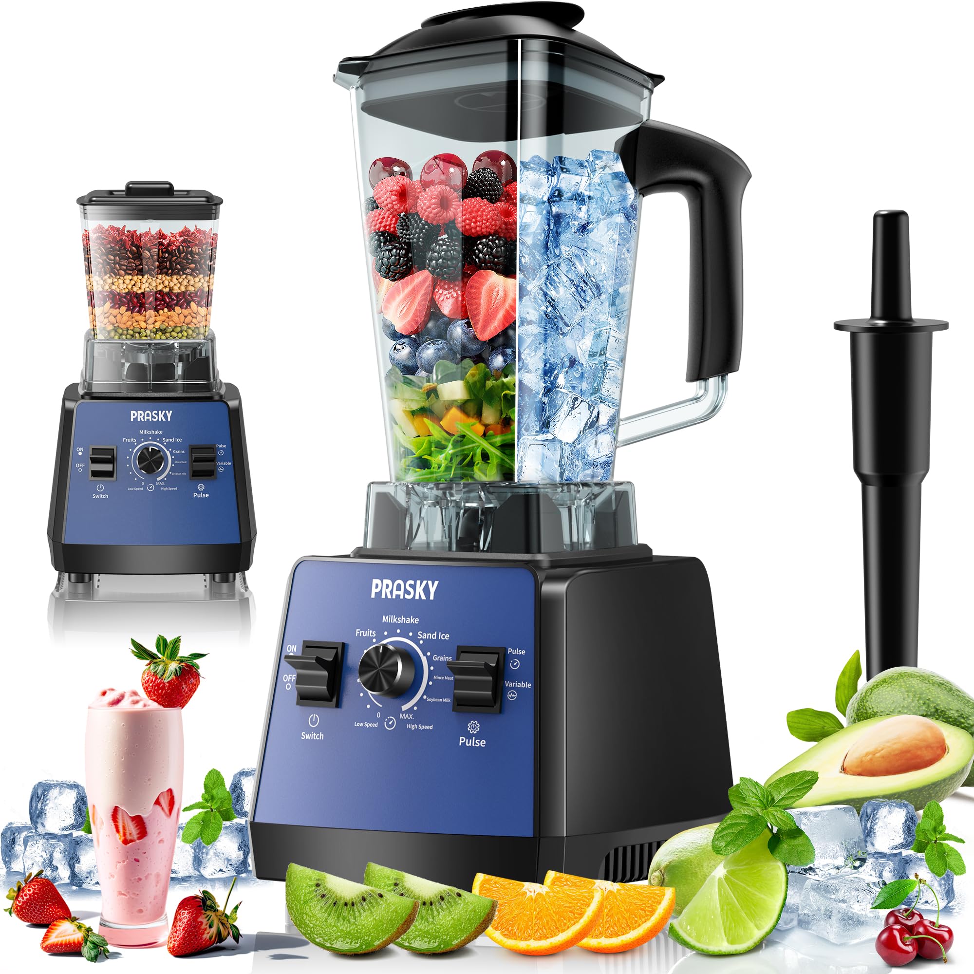 Blender, Smoothie Blenders, PRASKY Max.2400Watts/1000Watts Kitchen Blender and Grinder Combo 25000RPM Powerful Kitchen 68oz BPA Free 2 Containers Countertop Blenders Ice Crushing(Blue,2L)