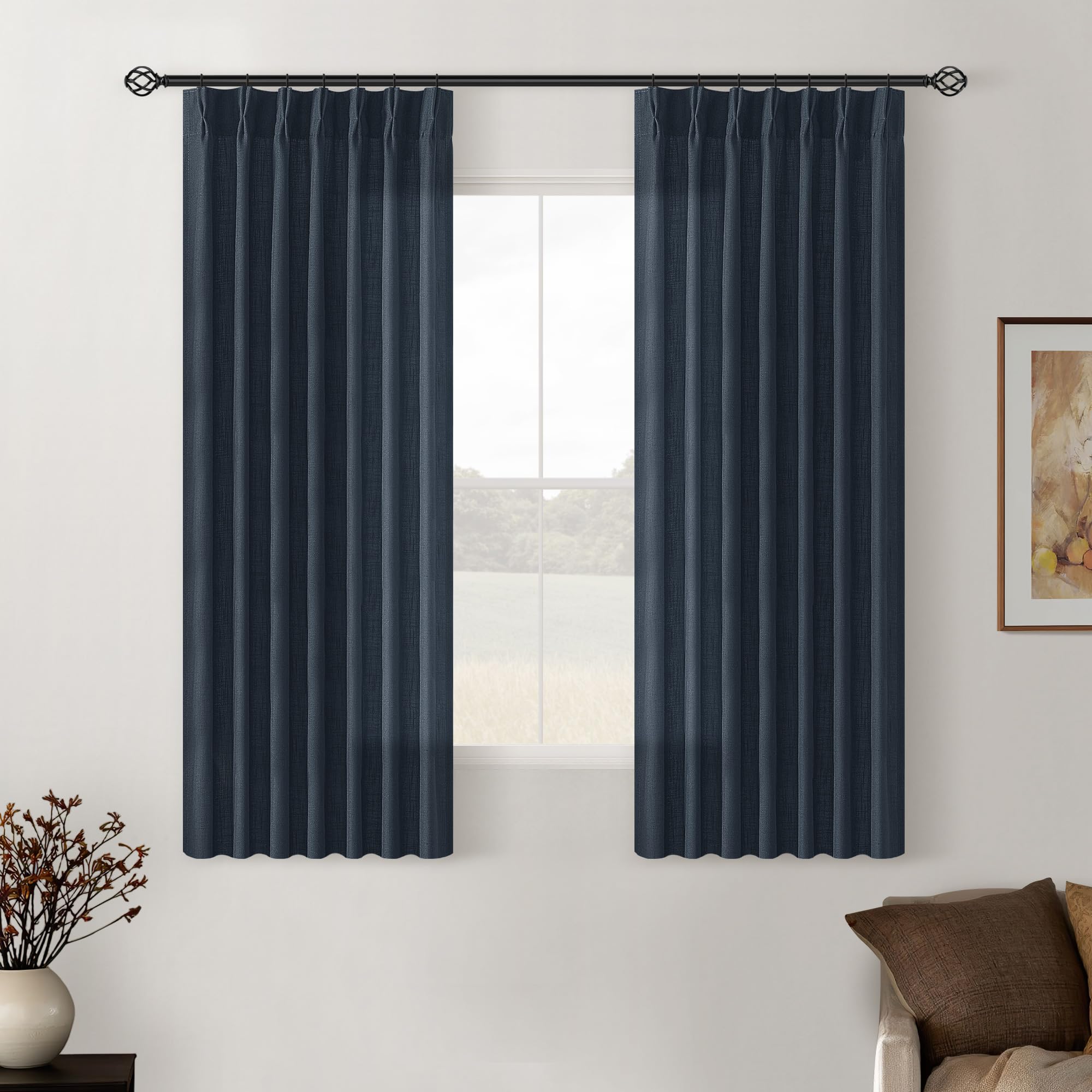 Navy Pinch Pleated Linen Semi Sheer Short Curtains 45 Inch Length 2 Panels