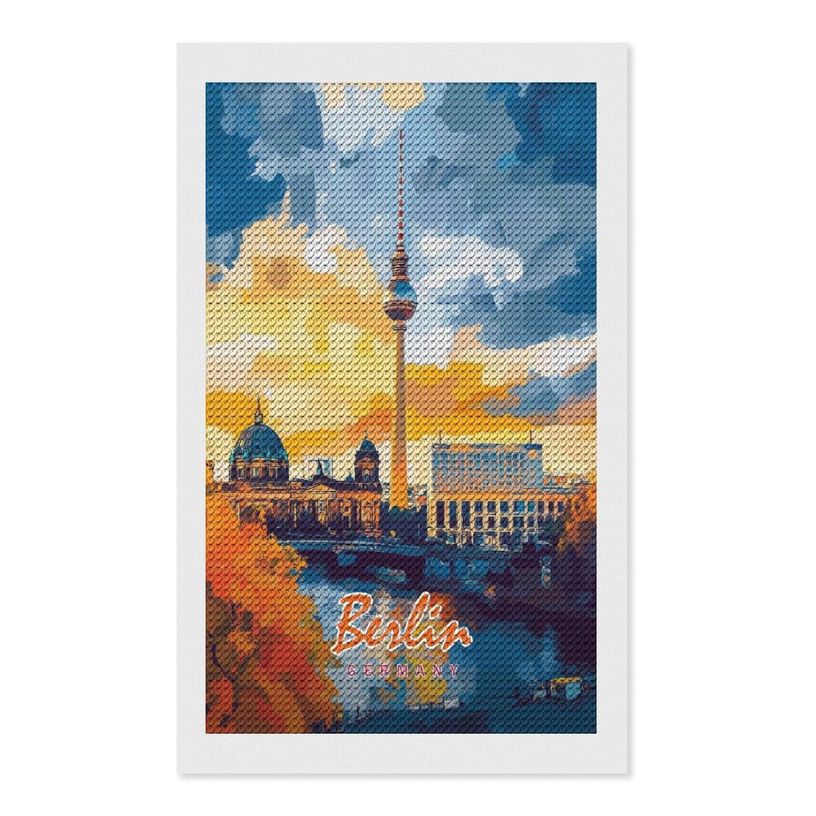 Junmoney Berlin Skyline Painting DIY Diamond Art Canvas Kit 12"x20", Farmhouse Decor, Vintage Style Decor, Handmade Wall Decor, Canvas Picture