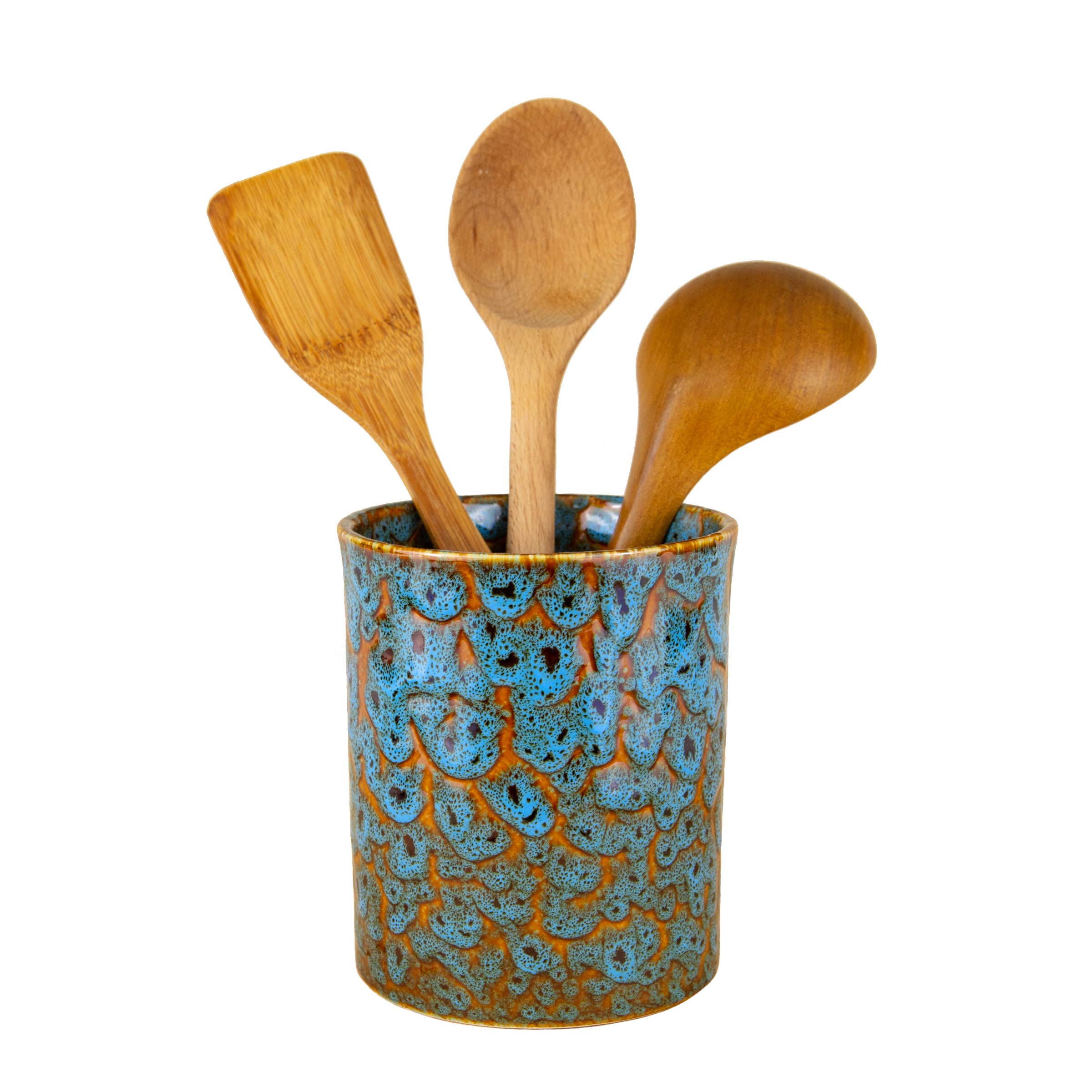 Caddy cuisine céramique grand format et pot à ustensiles turquoise marbré