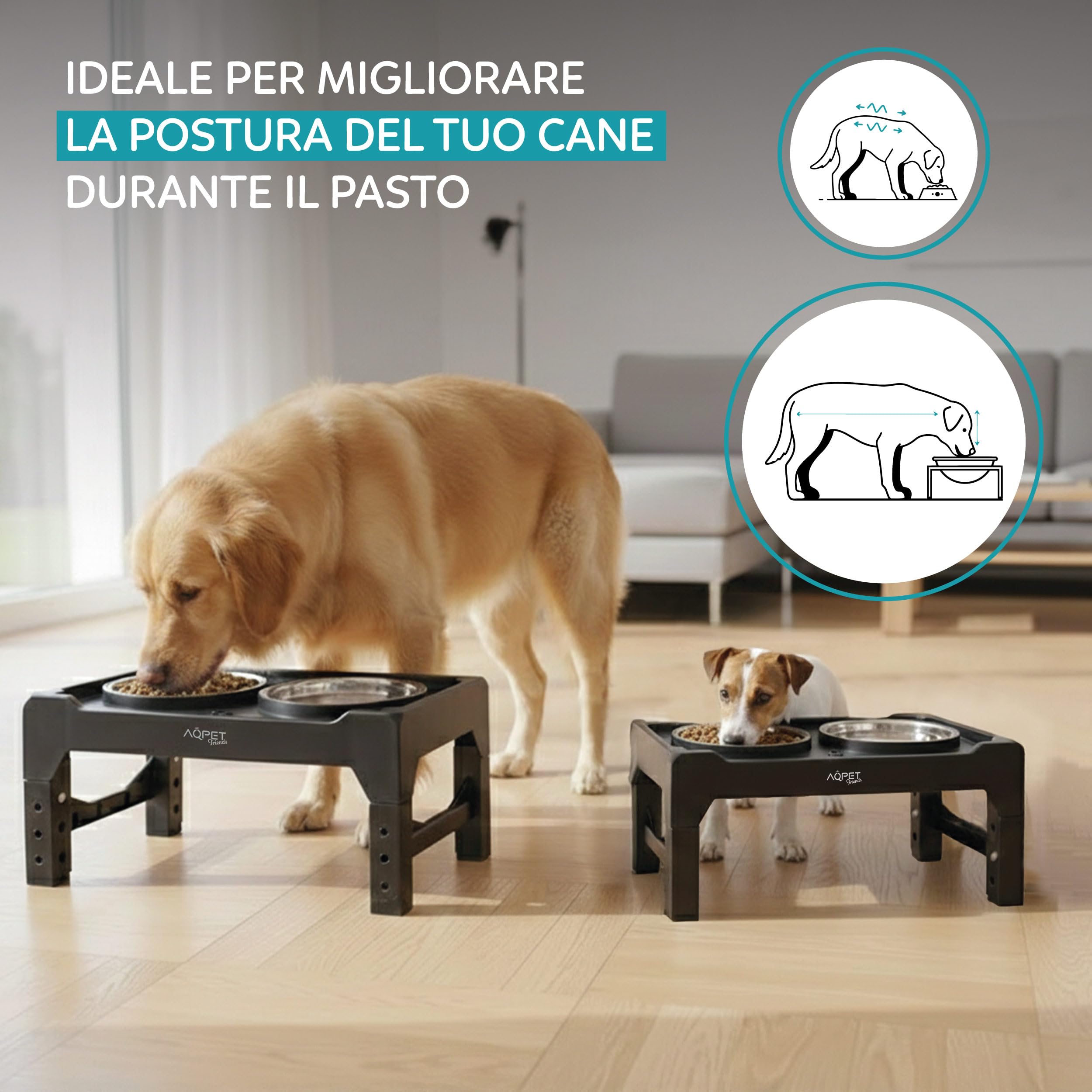 AqpetFriends Porta Ciotole Rialzato per Cani a 3 Livelli Regolabili – Supporto Antiscivolo 40x22x8-26h cm con 2 Ciotole in Acciaio Inox Ø14 cm – Migliora la Postura Durante il Pasto