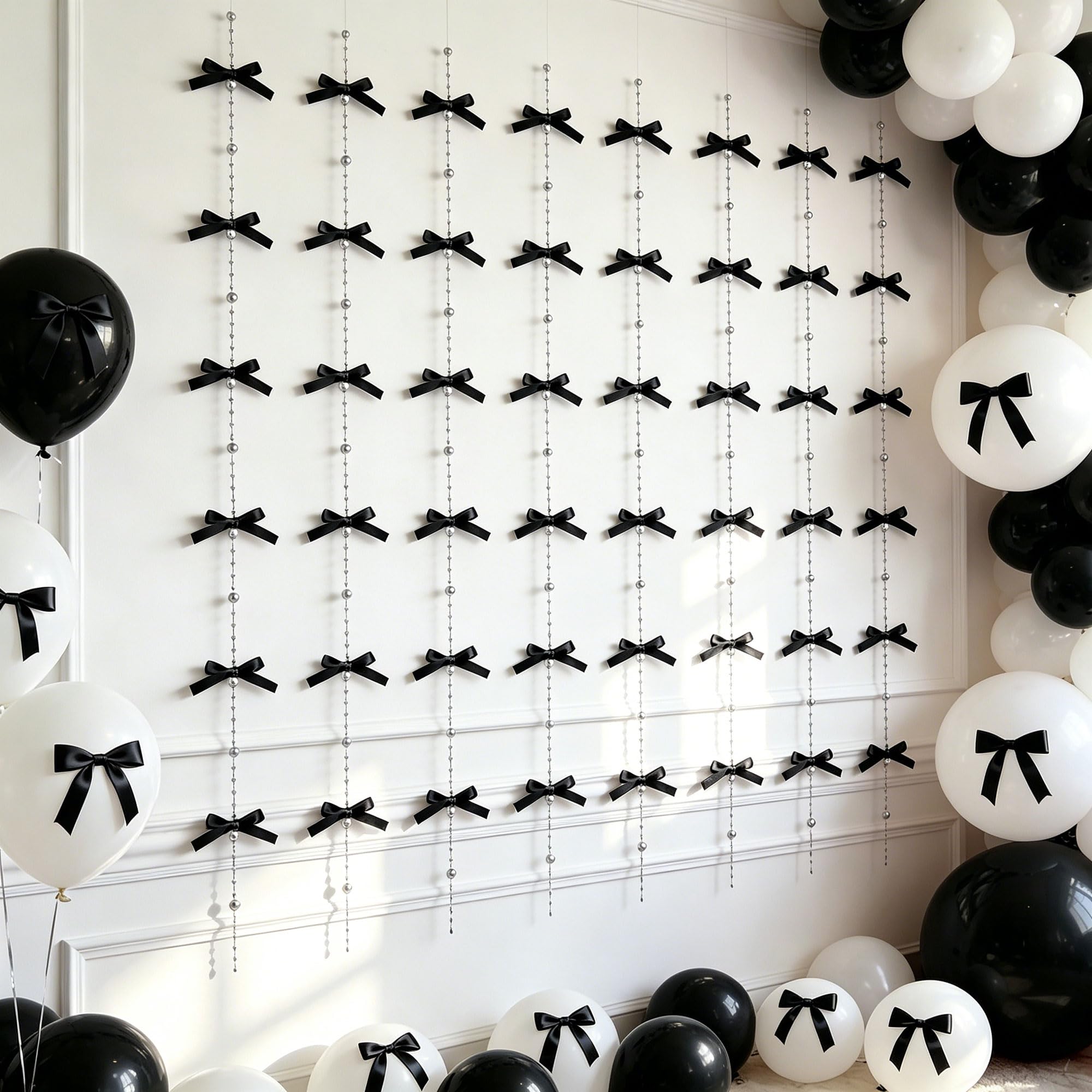 8 PCS Black Bow Garland Banner Coquette Ribbon Party Decorations for Birthday Bridal Shower Wedding Engagement Baby Shower Supplies