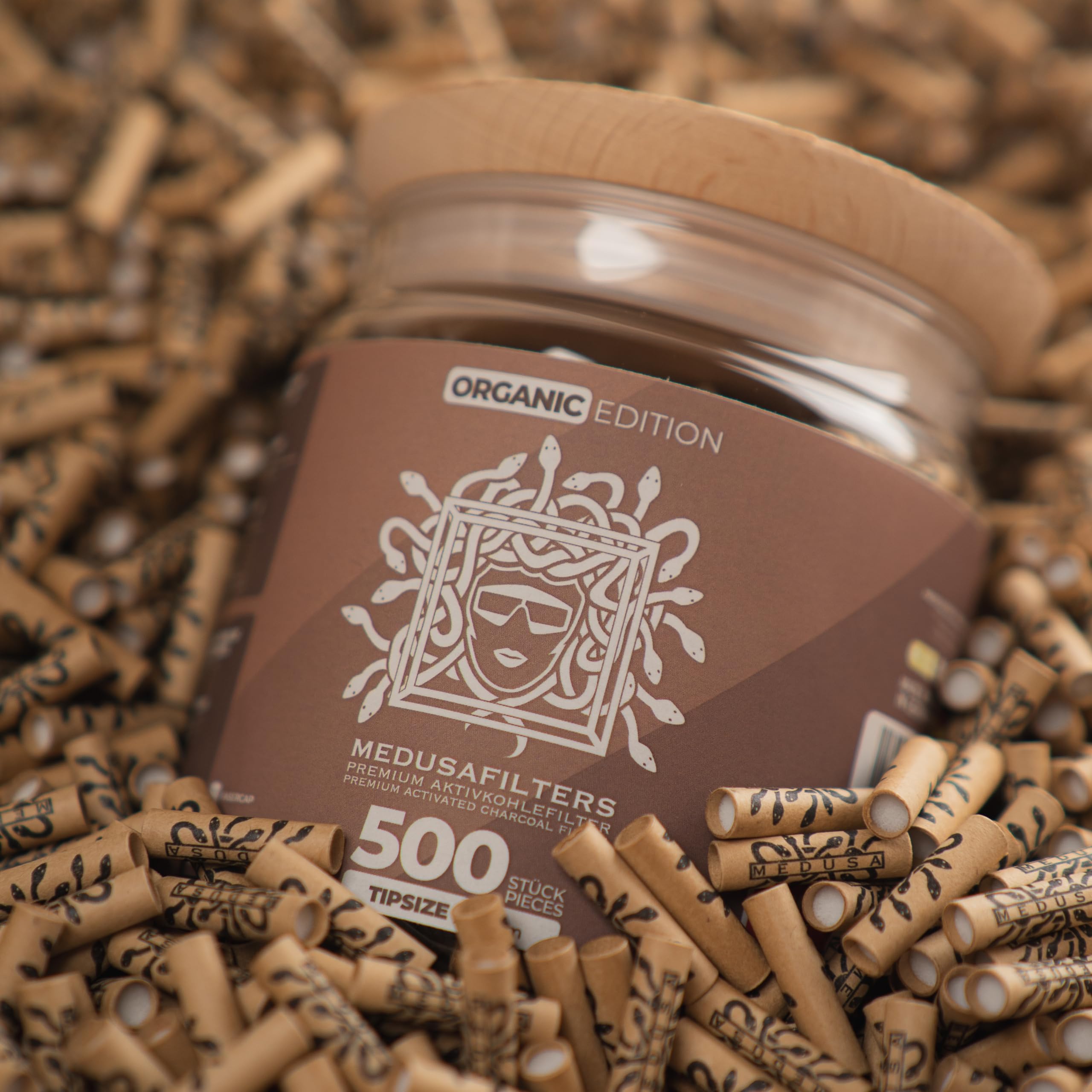 Medusafilters 500 Stück Aktivkohlefilter 6mm Slim im wiederverwendbaren Glas – Kokos-Aktivkohle mit neuen schmaleren Cellulose-Kappen, 25 mm, Made in Germany (Organic Edition)