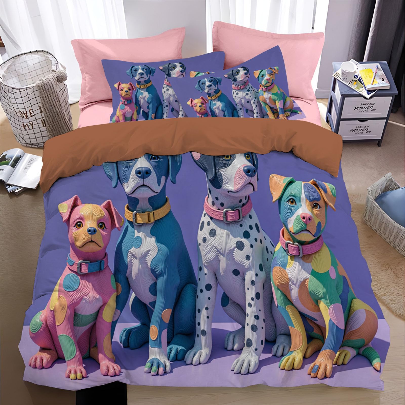 Housse de couette 240x260 dalmatien violet anti-plis pour lit enfant et adulte