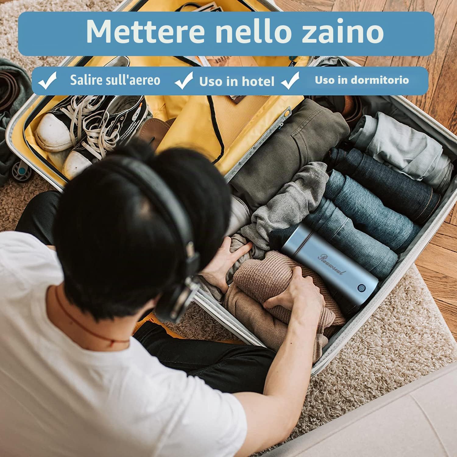 Bollitore elettrico da viaggio, mini tazza riscaldante portatile 450 ml, mini tazza riscaldante interna in acciaio inox 1304, chiusura automatica (blu)