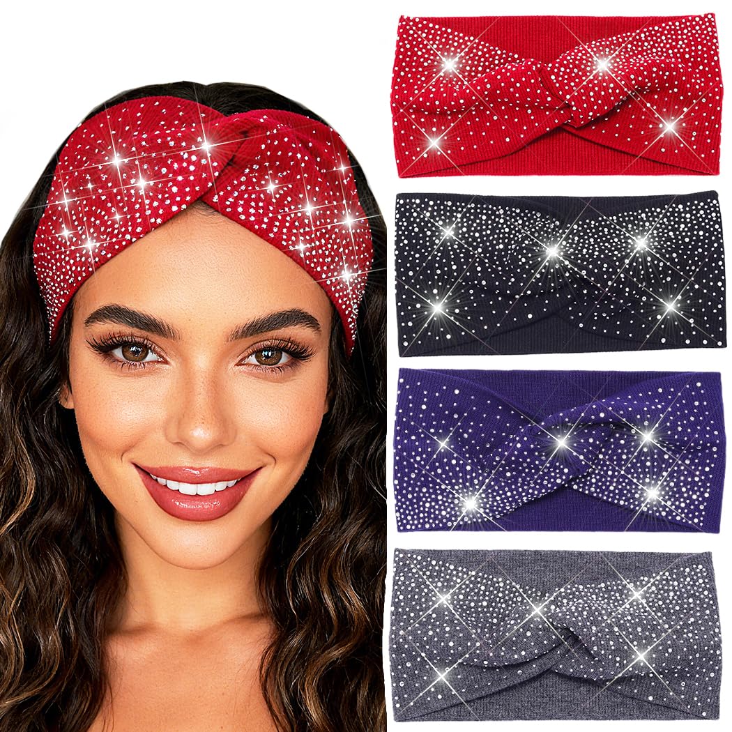 Urieo Wide Sparkly Headbands Rhinestones Stretch Head Bands for Women | Bling Elastic Knotted Headband Bedazzled Crystal Hair Bands