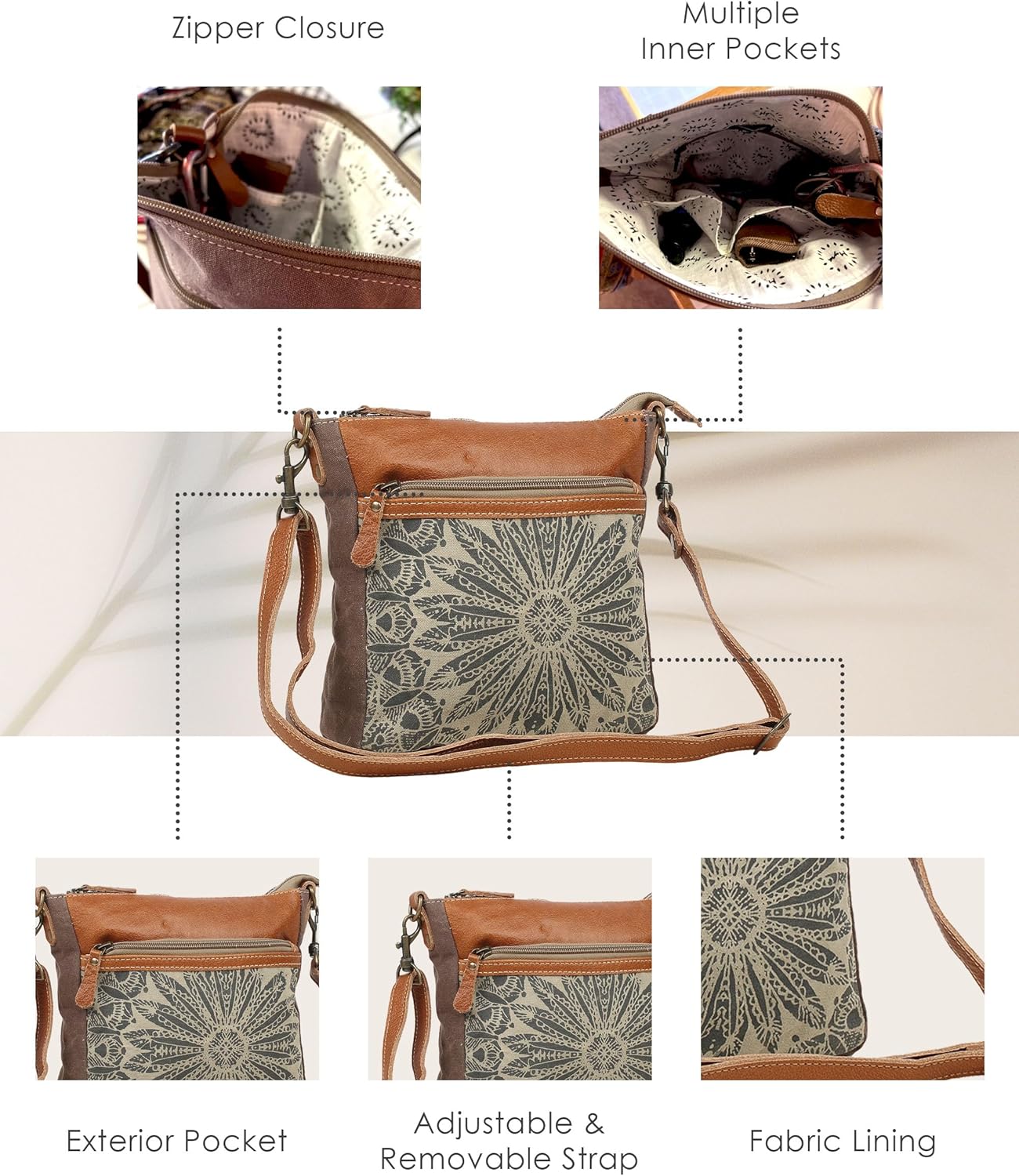 Myra Bag Boho Purses for Women - Canvas Bag with Buffalo Leather Detailing and Geometric Pattern, Boho Handbags for Women - Image 4