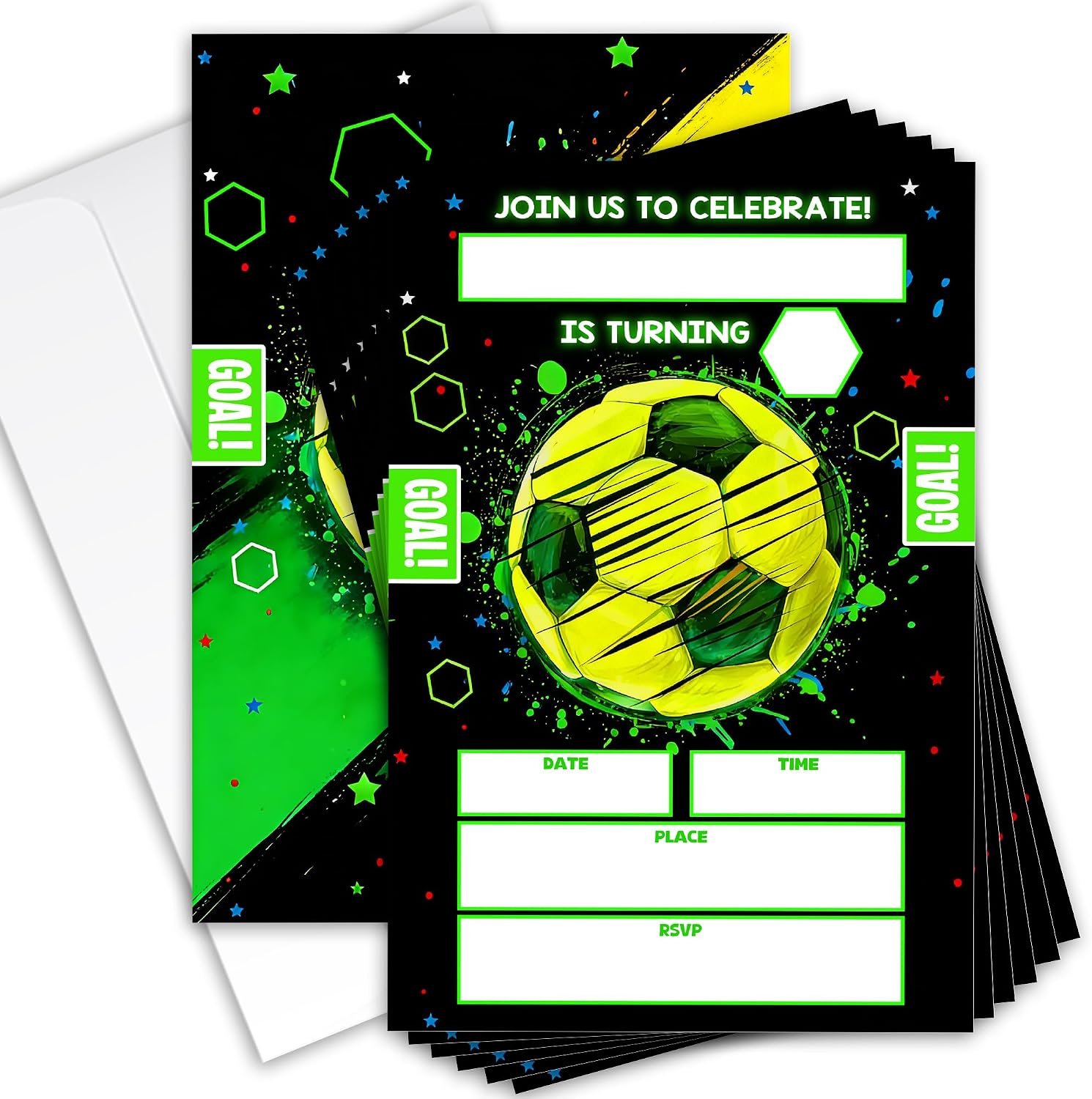 Blue Soccer Birthday Party Invitations, Goal Soccer Party Invites, Pack of 20 with Envelopes, 4x6 in.(034)