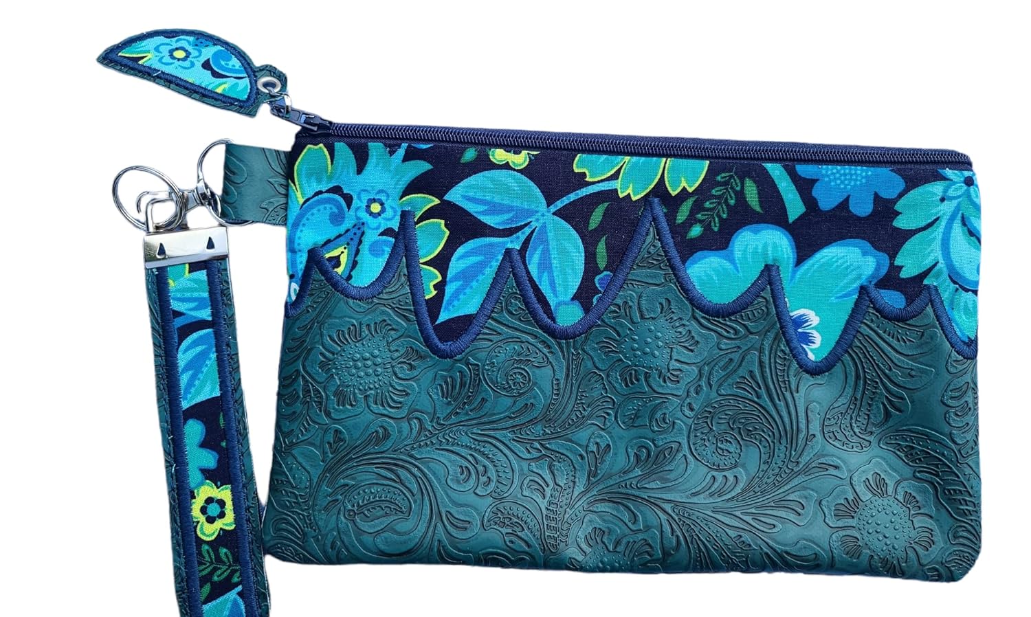 Handmade clutch zipper bag with matching key fob and zipper