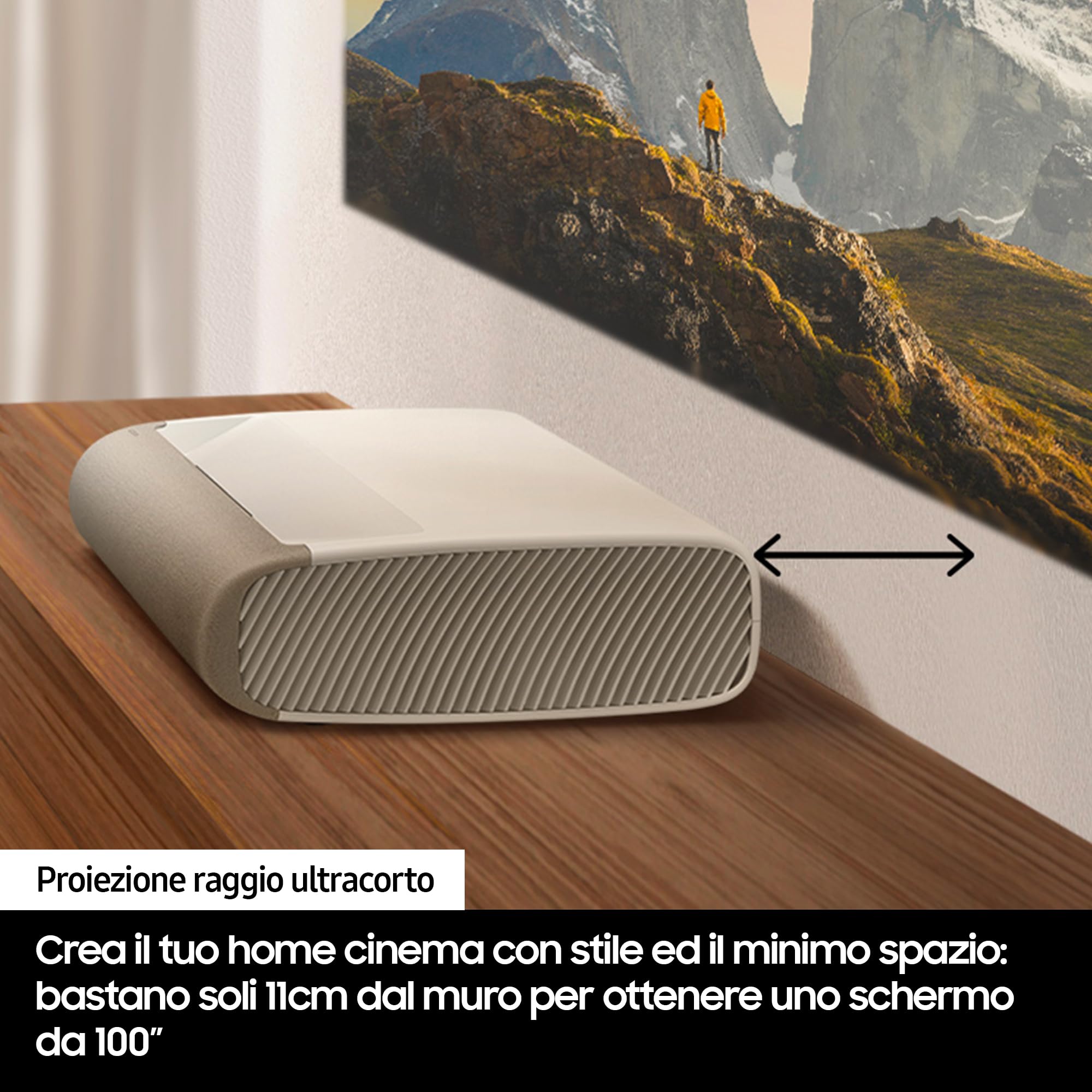 Samsung Proiettore 4K UHD The Premiere LSPU9, Tecnologia Triplo Laser 4K, 3450 ISO Lumen, Proiezione a Raggio Ultra-Corto, FILMMAKER MODE, Suono Potente 2.2.2 Canali da 40 Watt, Colore Warm White