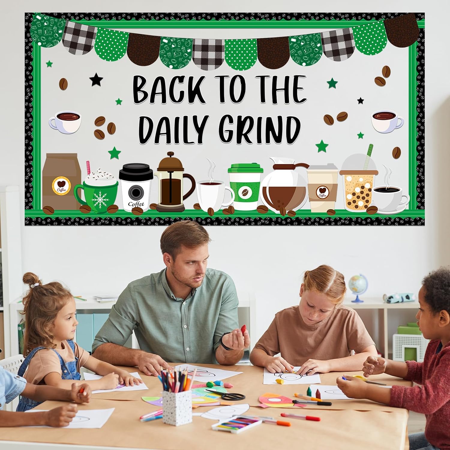 Naozinebi Coffee Bulletin Board Set Coffee Cup Classroom Decorations Hot Cocoa Cutouts Green Coffeehouse Crafts for Teachers Students Back to School Kindergarten Wall Door Decors Party Supplies