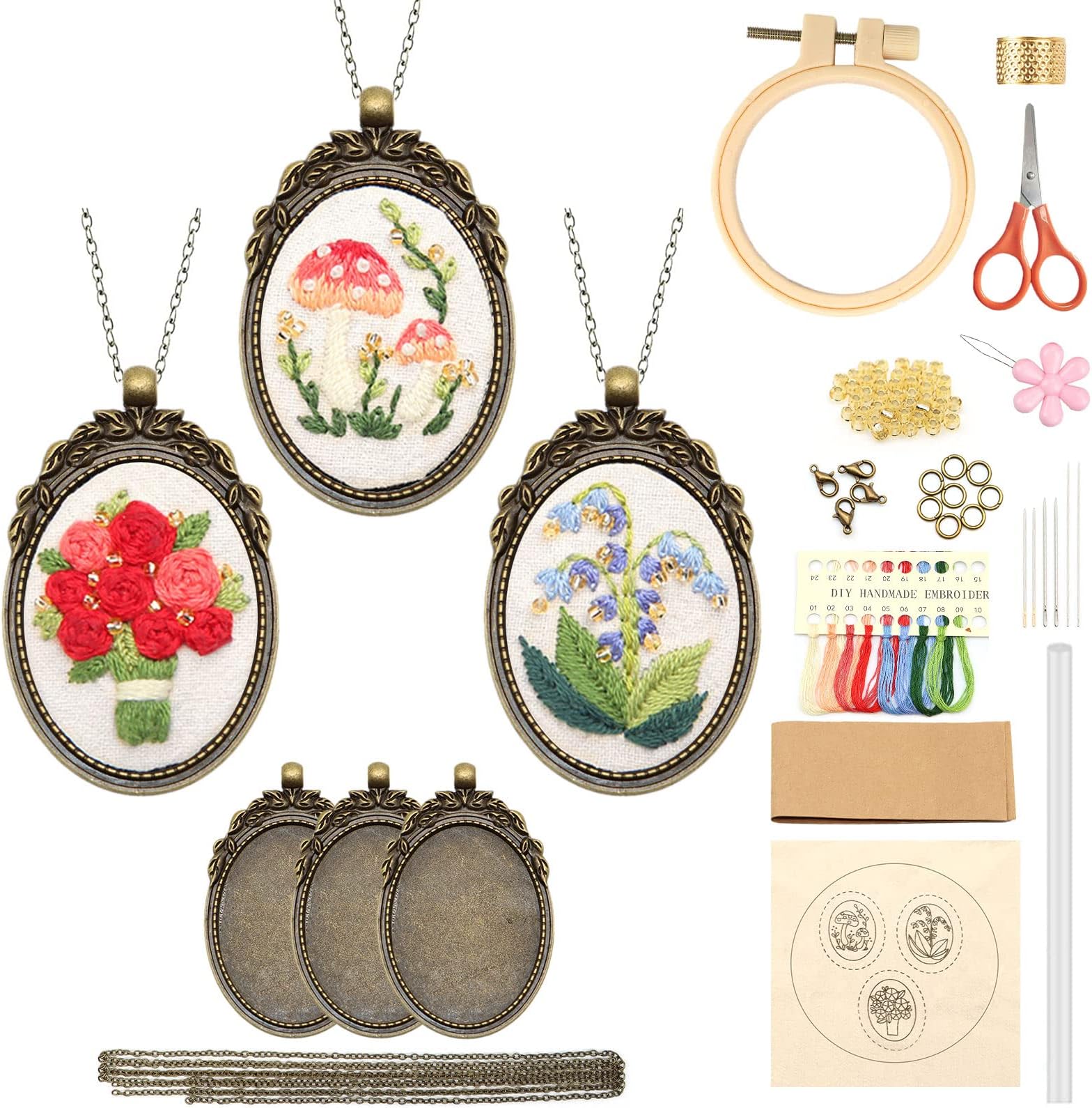 ZOCONE 3 Packs Embroidery Necklace Kit, Embroidery Pendant Kits Mini Cross Stitch Kit with Hoop, Necklace, Pendant, Beads, Stamped Pattern Cloth, Instructions, etc., Embroidery Kits for Adults