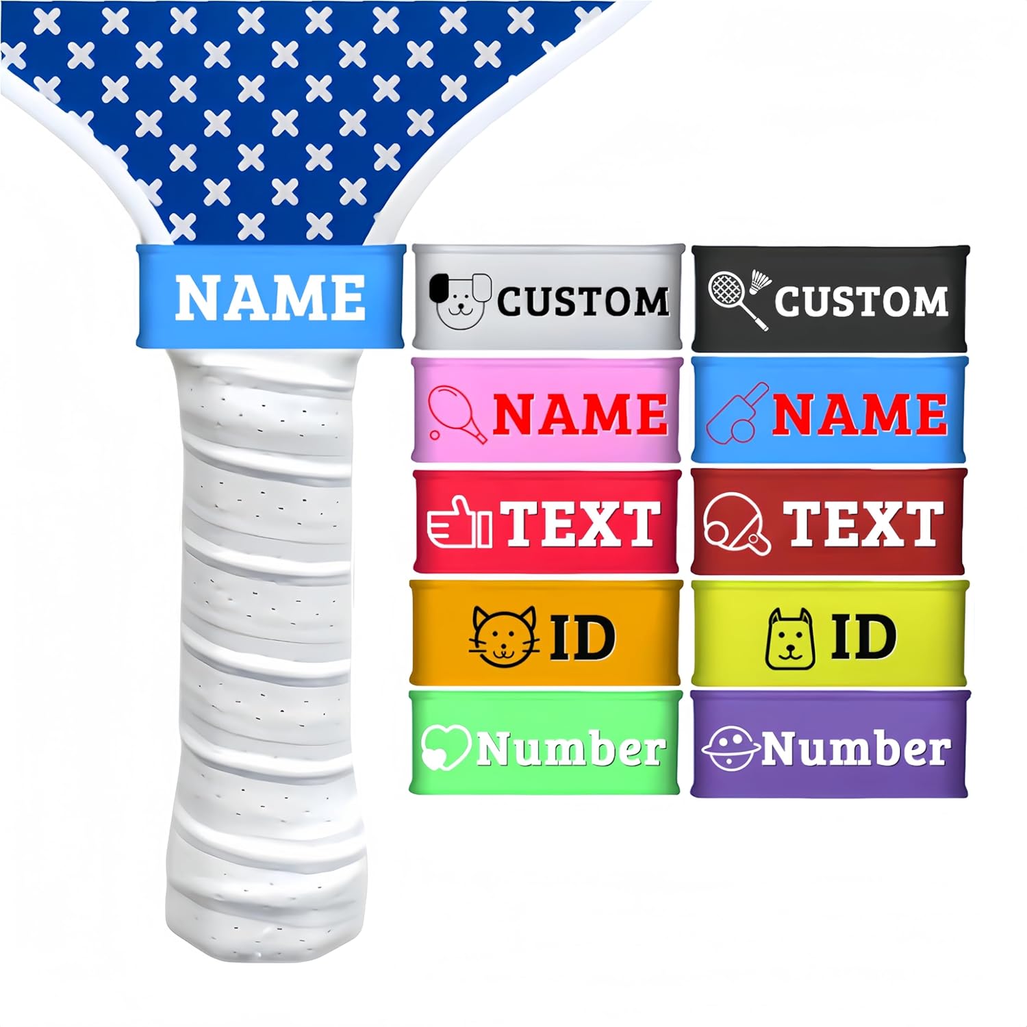 2PCS Personalized Pickleball Paddle Name Bands, Silicone Grip Bands for Racket Handles, Racquetball, Tennis