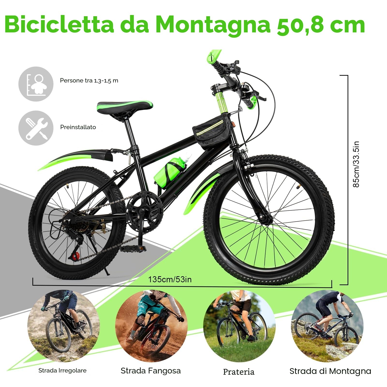 Mountain bike da 20 pollici, bicicletta per bambini con borraccia a 7 marce, con parafanghi anteriori e posteriori e sella regolabile in altezza, adatto per ragazzi e ragazze