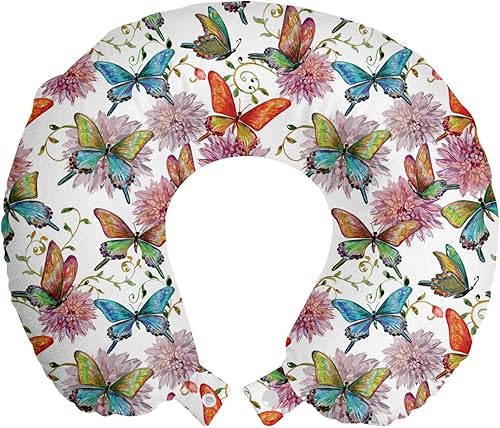 Ambesonne Butterfly Travel Pillow Neck Rest, Retro Style Swallowtail Wings Ornate Spring Season Blooming Flowers Background, Memory Foam Traveling