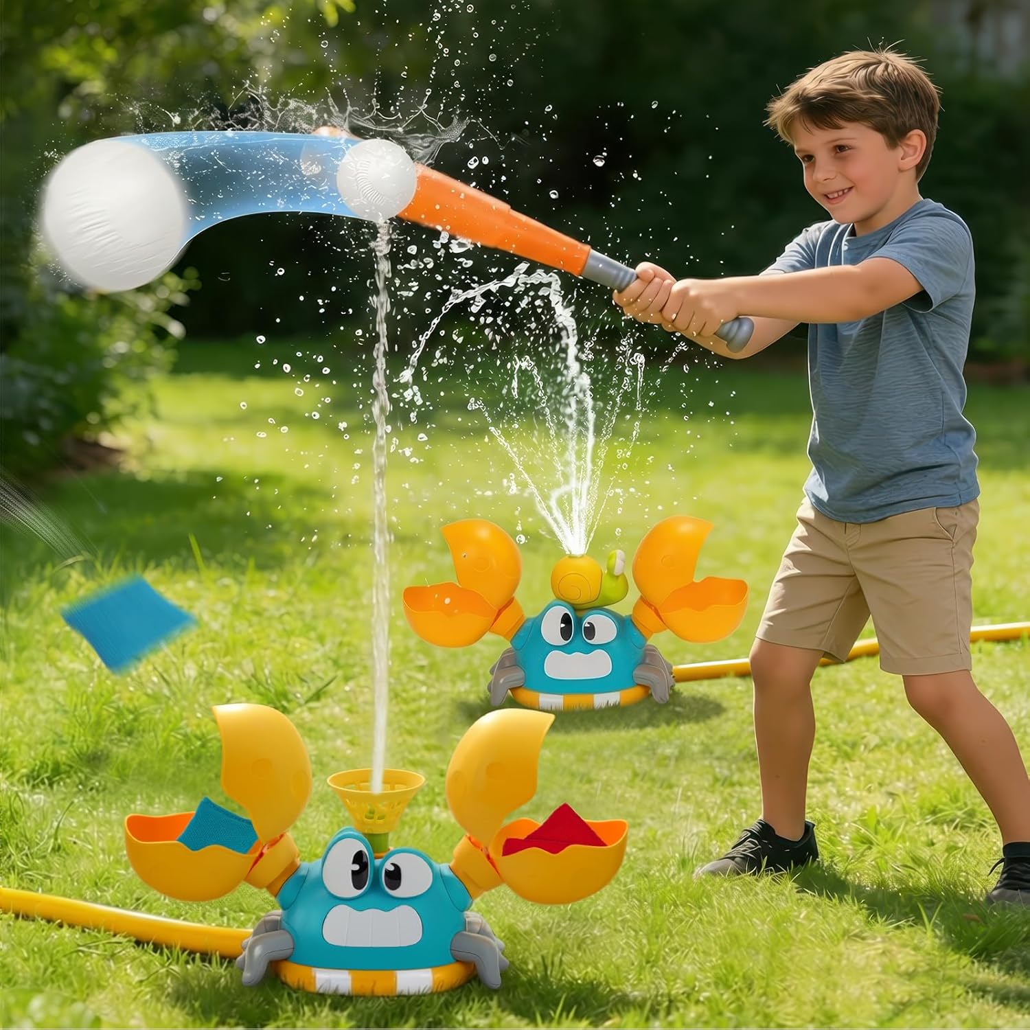 Water Sprinkler for Kids, 3-in-1 Crab Outdoor Toy with Toss Game, Batting Game & Splashing Fun, Attaches to Garden Hose, Summer Backyard Lawn Toy for Boys & Girls Ages 3-8