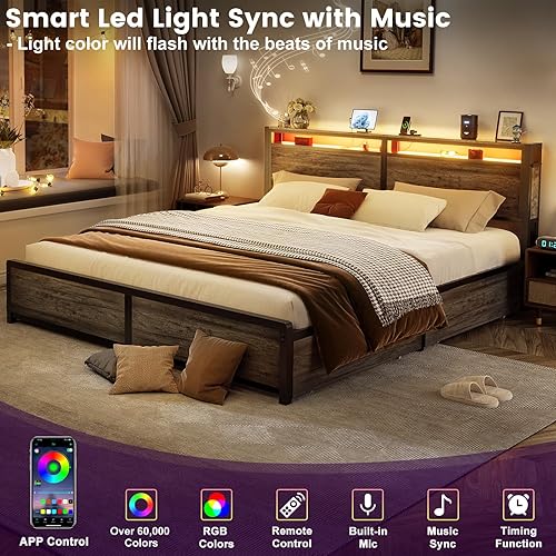 Miniatura 12 de Homieasy Base de cama de tamaño matrimonial con 4 cajones de almacenamiento y estación de carga, plataforma resistente con cabecera de