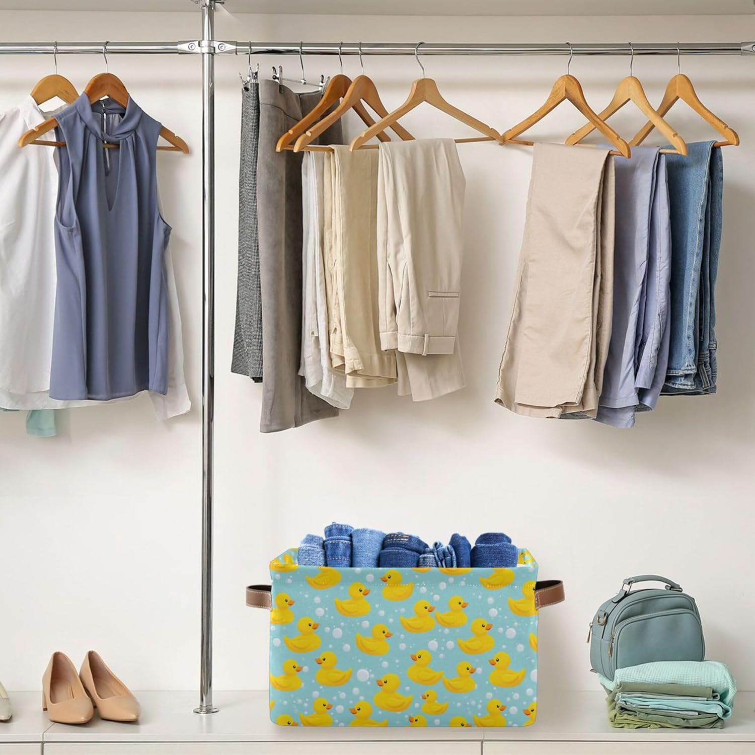 Wamika Yellow Duck Cute Storage Basket Fabric Bathroom Baskets Blue Bath Bubble Open Home Storage Bins Boxes Foldable Organizer Bag for Baby Cloth Pet Toy Book Shelf Closet Baskets 16×12×8 Inches