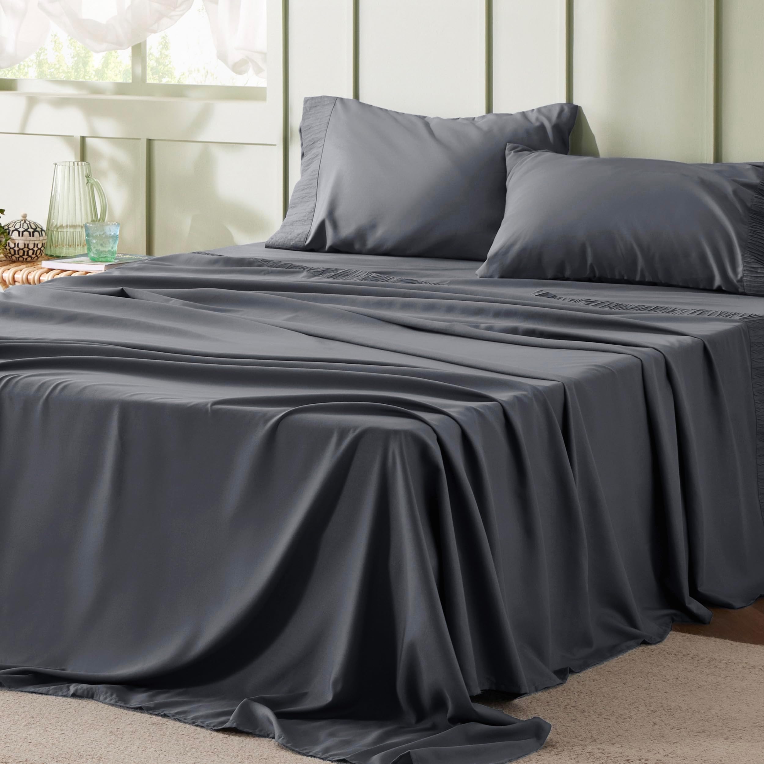 California King Sheet Sets - 4 Pieces Soft Cal King Sheets - Breathable & Cooling - Hotel Luxury - Easy Care Polyester Microfiber Bedding for Women, Men, Dark Grey
