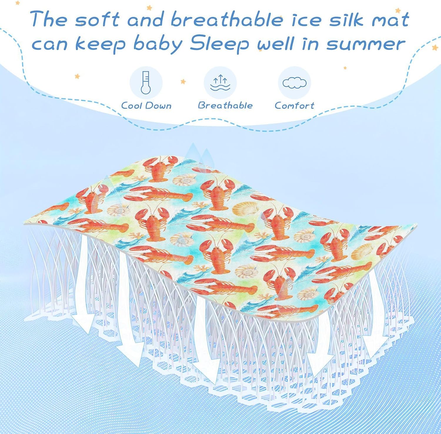 Baby Cooling Mat Lobster Shellfish Summer Ice Silk Breathable Mesh Summer Crib Mattress Pad with Pillowcase, Soft Cooling Sleeping Surface for Infant & Toddler, 52"x28"