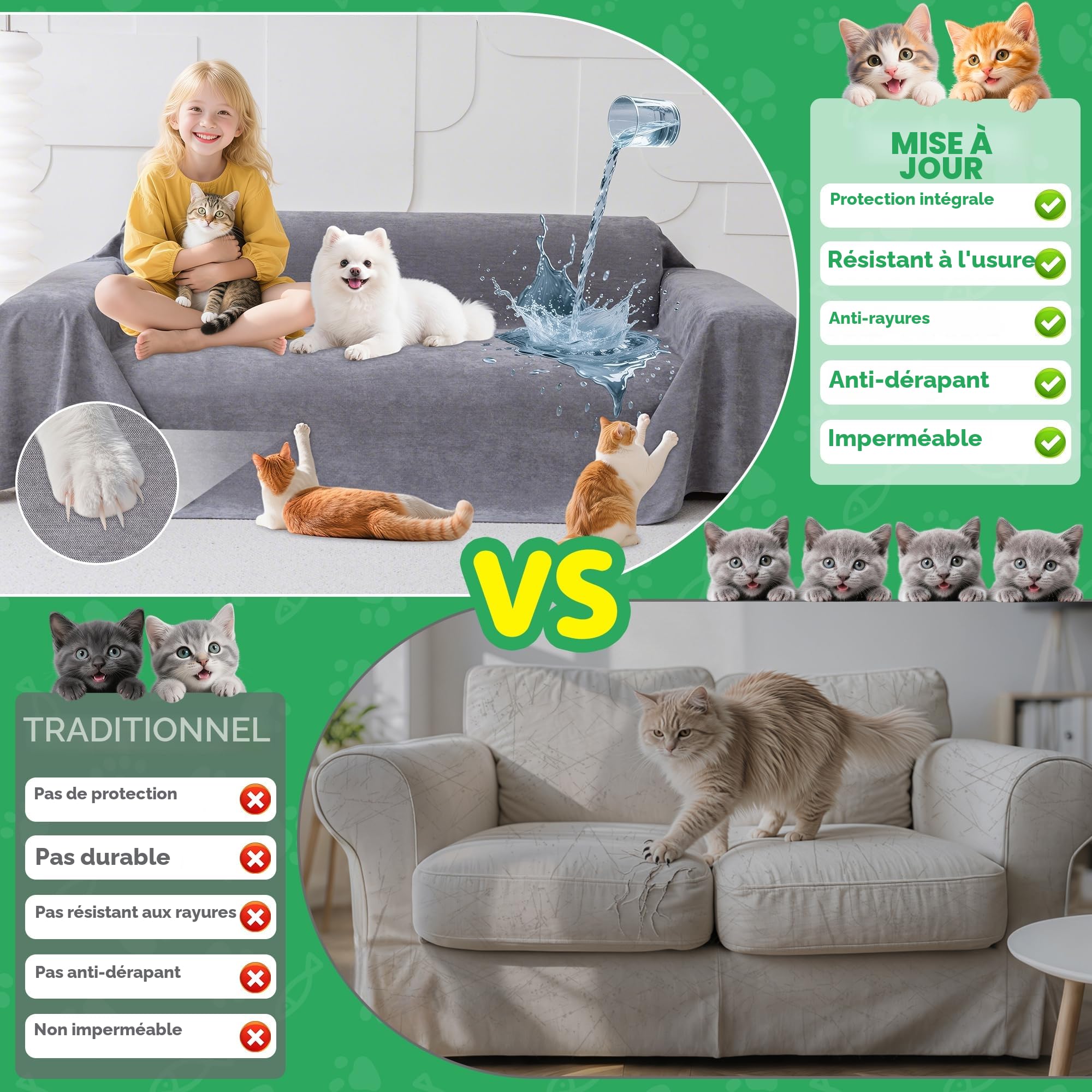 Loiion Protection Canapé Chat, Anti Griffe Chat Canapé, Protege Canape Impermeable, Couvre Canapé 3 Places, Sofa Cover Antidérapante, Couvre Canapé pour Chiens Chats Animaux, Gris, 340x180cm