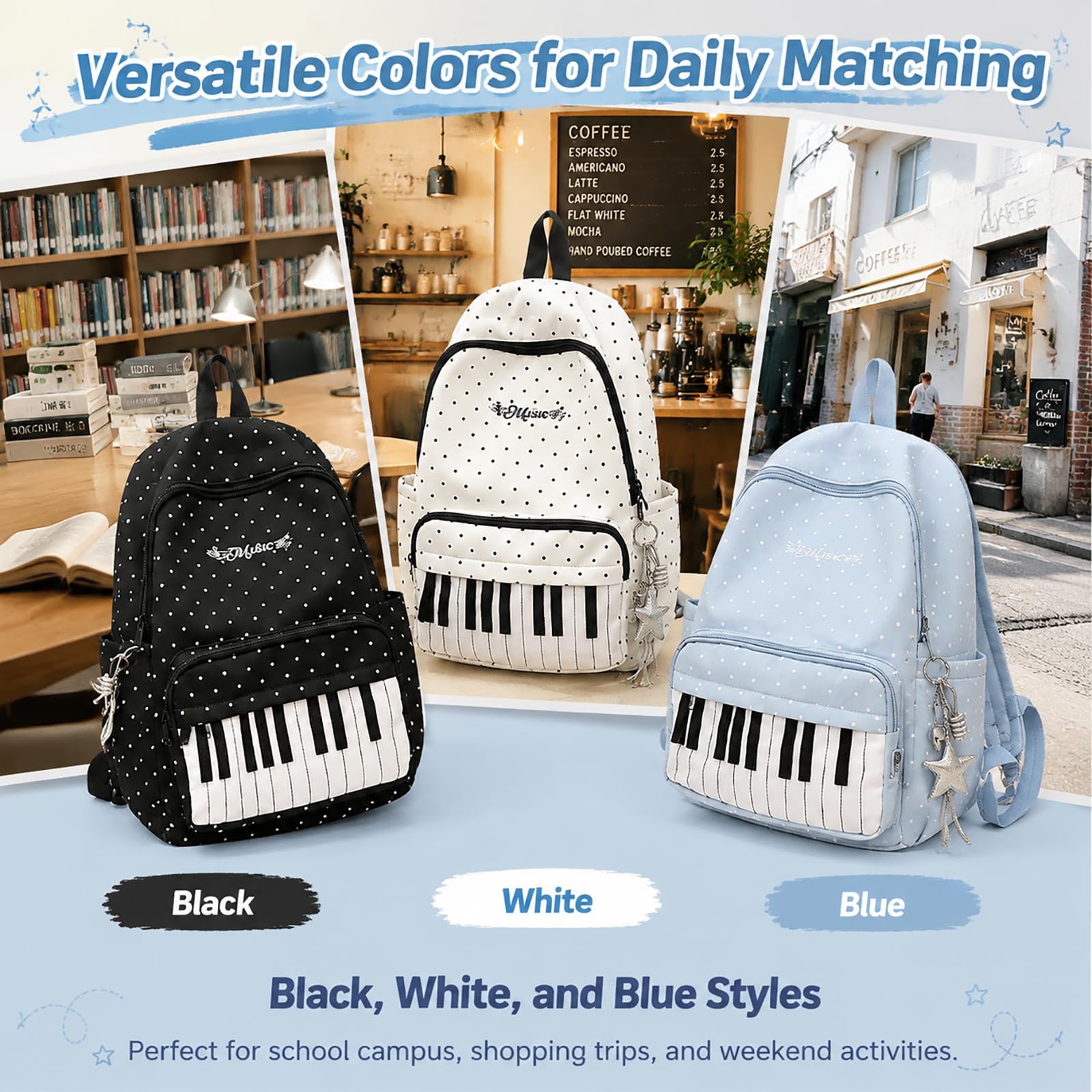Piano Backpack With Polka Dot Pattern, Cutecore Style Daypack For High School Students, Travel And Everyday Use (Two Pcs)