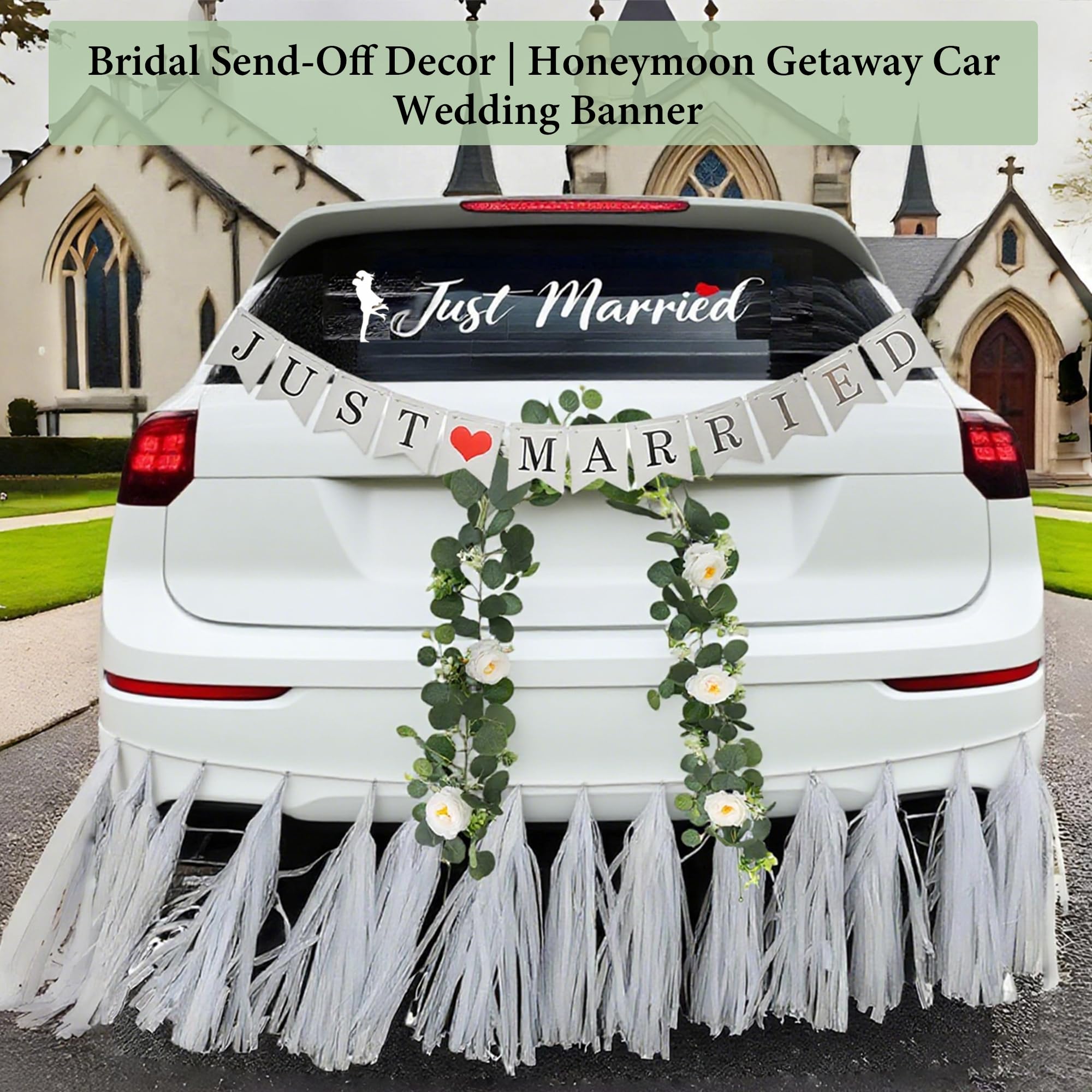 Lot de 4 décorations de voiture « Just Married » avec bannière amovible en papier et pompons pour fenêtre de mariée et marié, lune de miel, escapade, envoi de véhicule