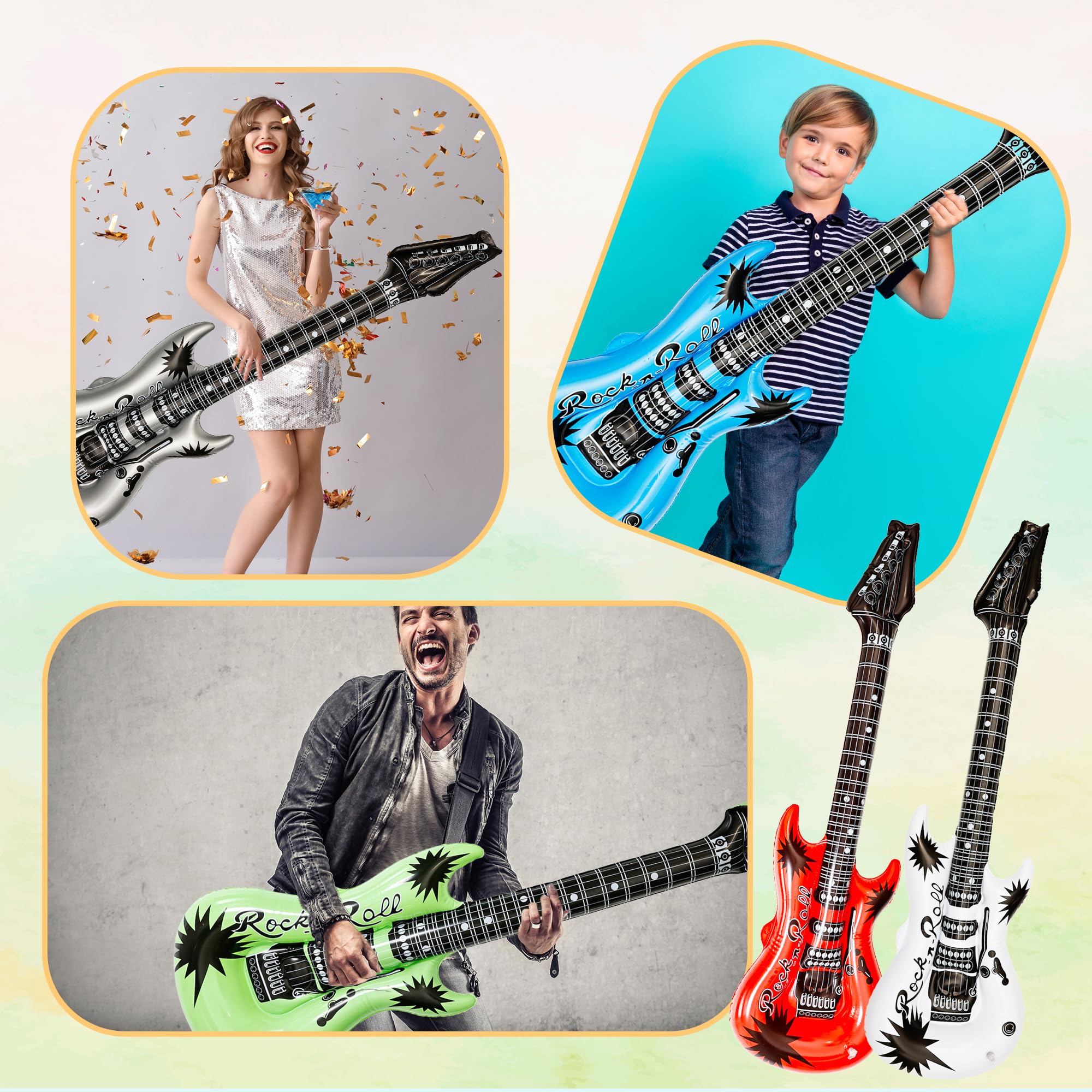 14 Pack 43 Inch Large Inflatable Guitar Blow up Guitar Bulk Fake Party Prop Inflatable Rock Star Guitars with Air Pump for 80s 90s Themed Carnival Birthday Party Favor, 14 Colors — view 5