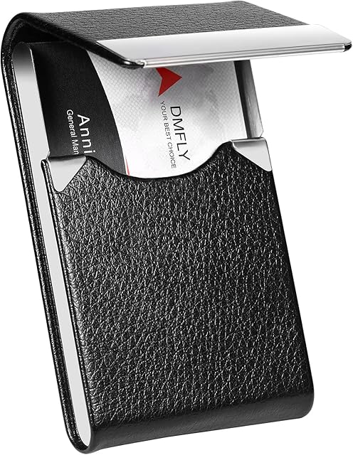 DMFLY Business Card Holder Case - PU Leather Business Card Case Name Card Holder Slim Metal Pocket Card Holder with Magnetic Shut, Black