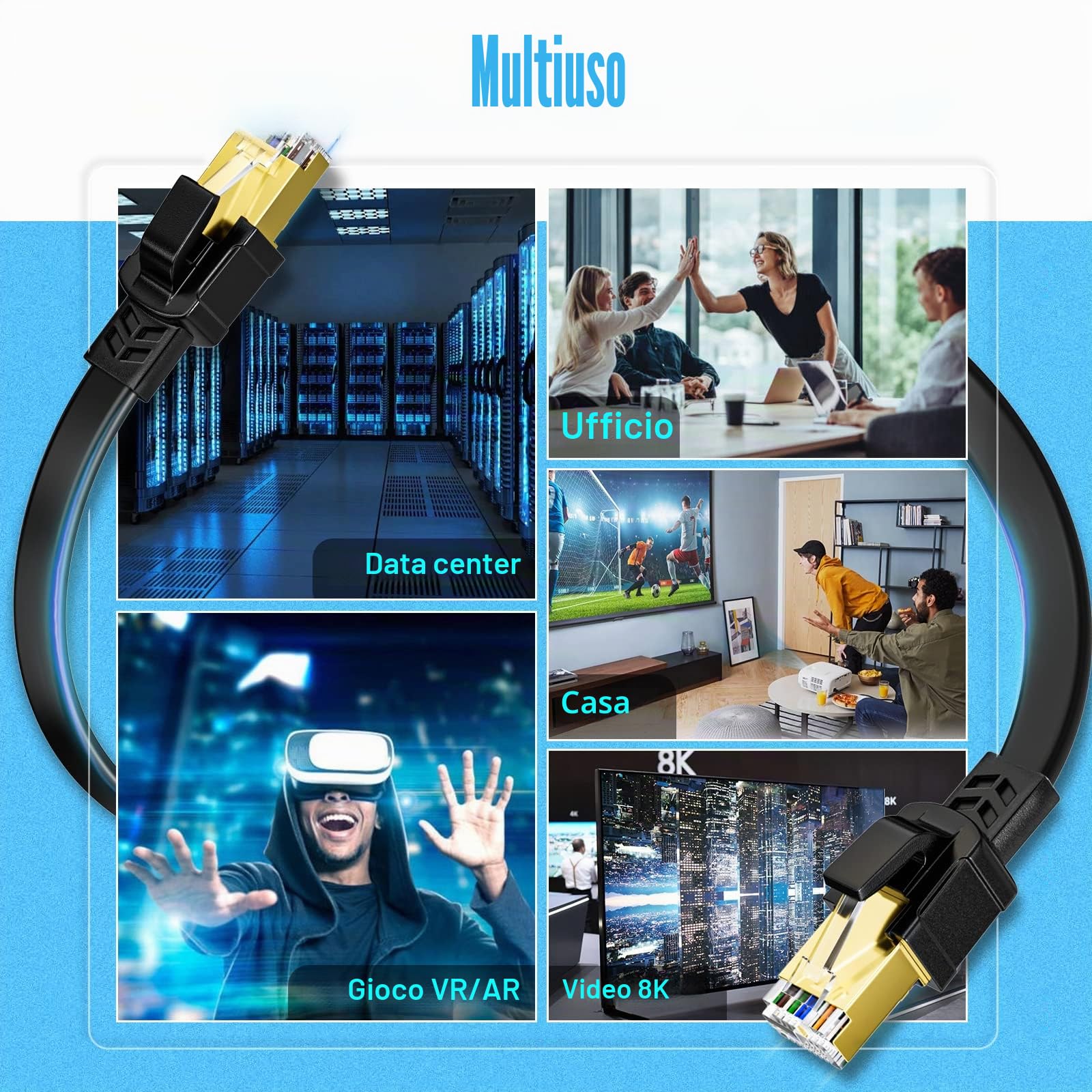 Soibke Cat 8 Cavo Ethernet 30 Metri, Cavo LAN 30m Piatto Schermato Filo Ethernet da Esterno 40Gbps 2000MHz Cav di Rete Alta Velocità Cav RJ45 Gigabit Cable Internet Nero Cable Patch Lungo per Router