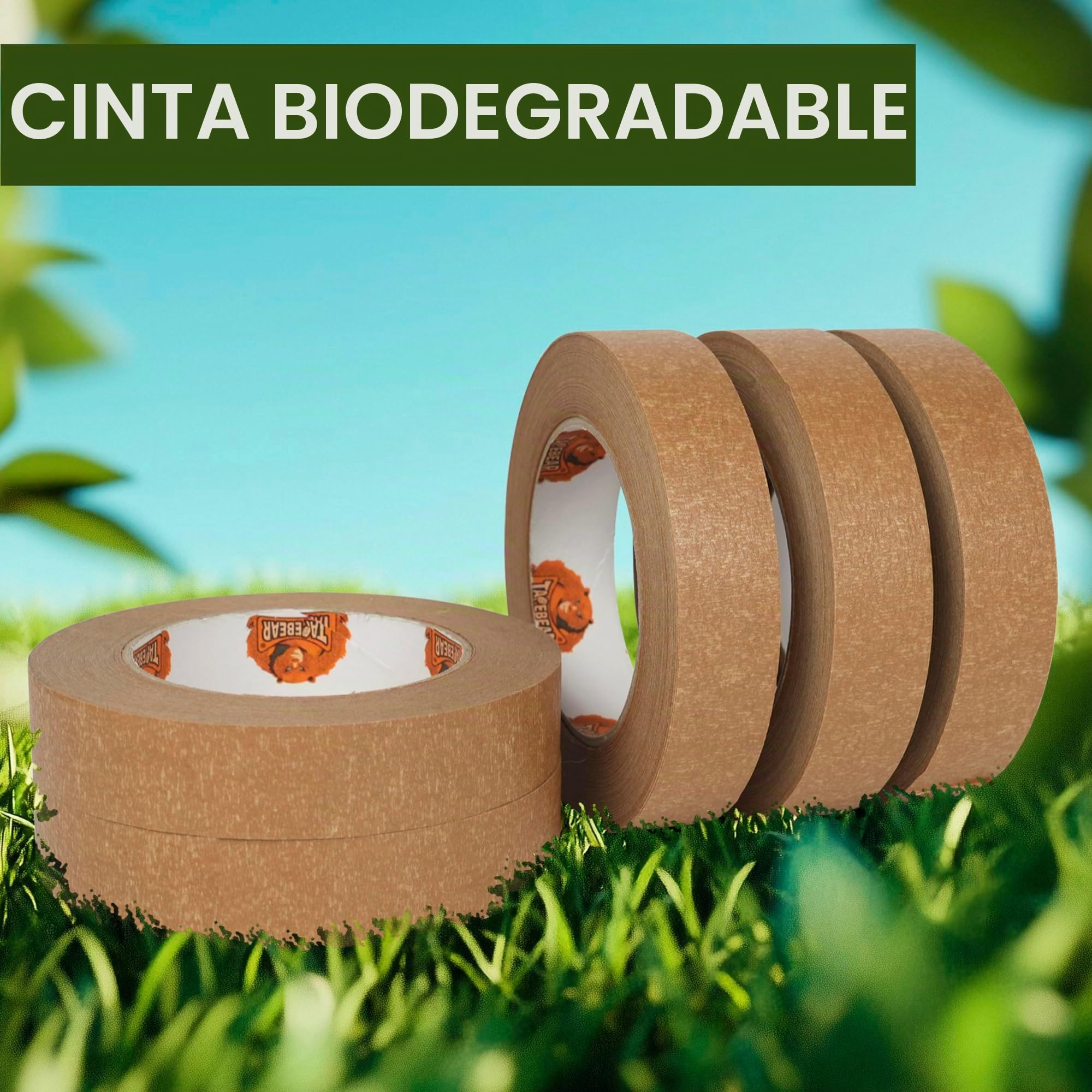 TAPEBEAR Cinta de Embalaje Ecológica Papel Kraft Biodegradable, 24mm x 50m, 12 Rollos, Adhesivo Reciclable para Enmascarar, Sellado y Paquetería, Superficie Escribible