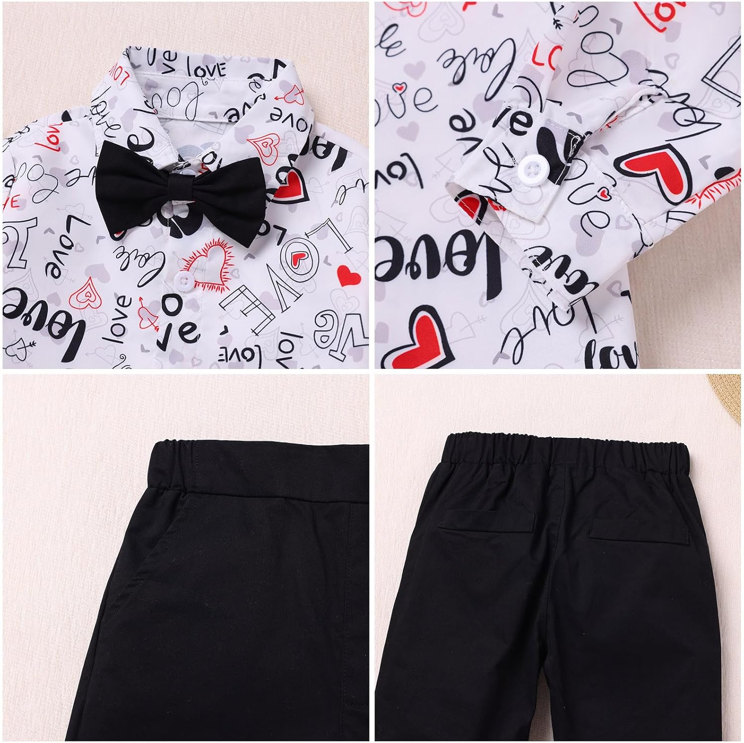IDOPIP Boys Valentine’s Day Outfit Rose Heart Print Shirt Pants Set with Bowtie for Toddler Kids Formal Suit Birthday Wedding - Image 6