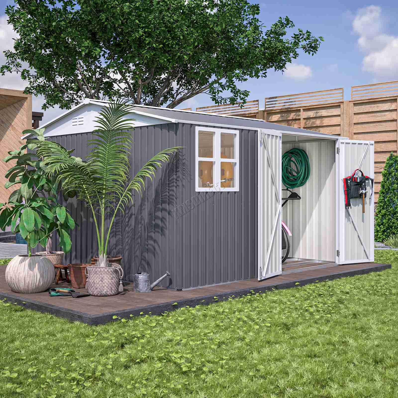 BIRCHTREE Garden Shed Steel Apex Roof House Outdoor Backyard Storage With Lockable Double Doors Window Free Foundation Tool Equipment Organizer Air Vents 10x10FT Grey — view 9