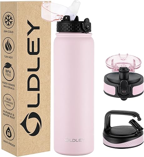 Miniatura 33 de Oldley Botella de agua aislada de 20 onzas para adultos y niños, botellas de agua de acero inoxidable con pajita/pico/mosquetón, 3 tapas, colador