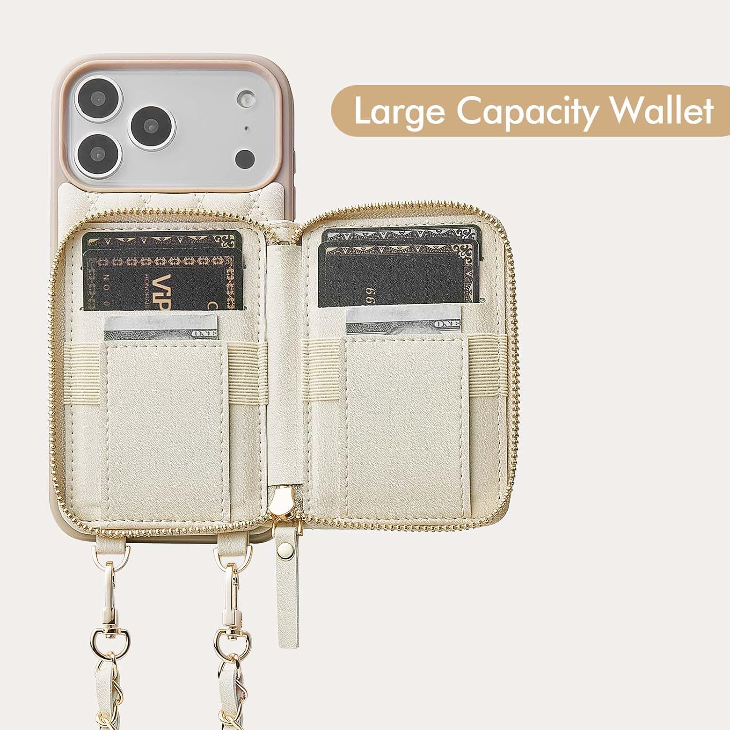 LAMEEKU for iPhone 17 Pro Max Case Wallet with Wrist Strap, RFID Blocking Crossbody Phone Cover for Women 6.9" Beige - Image 2