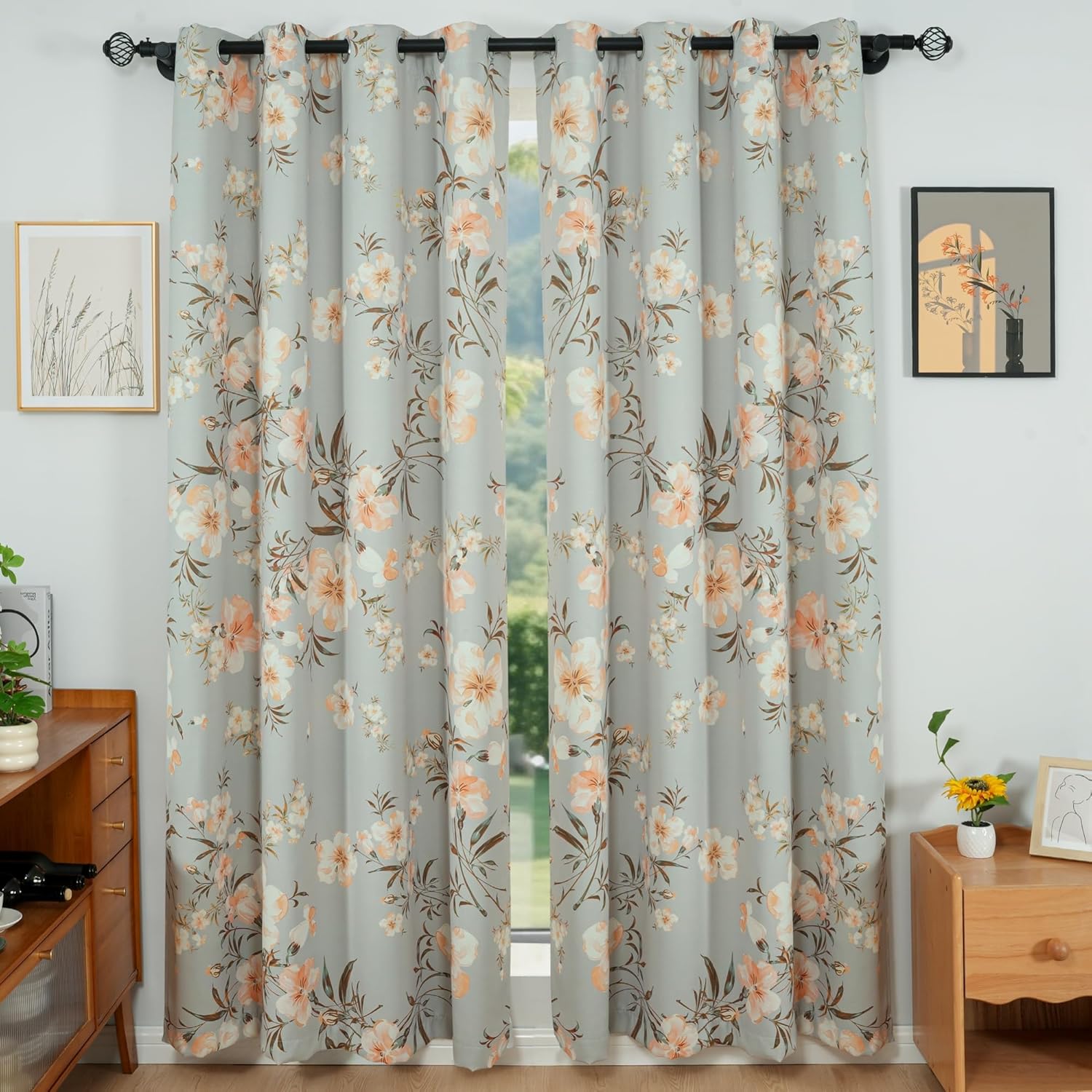 Vintage Floral 95% Blackout Curtain for Bedroom Thermal Insulated Privacy Curtain Farmhouse Style Window Treatments, 2 Panels 52" W x 63" L
