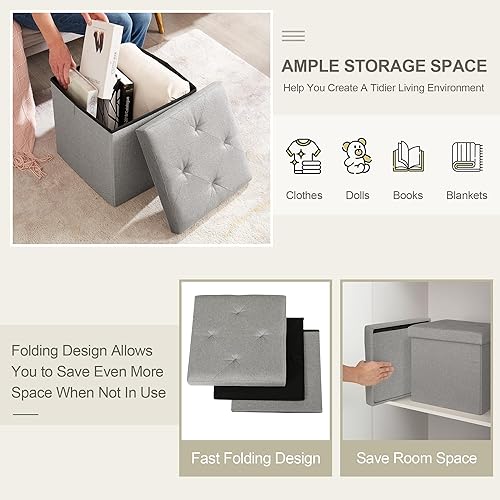 Vista 49 de VECELO Otomana de almacenamiento, reposapiés plegables de 11.8 pulgadas, taburete multiusos para reposapiés, otomanas plegables de tela de lino