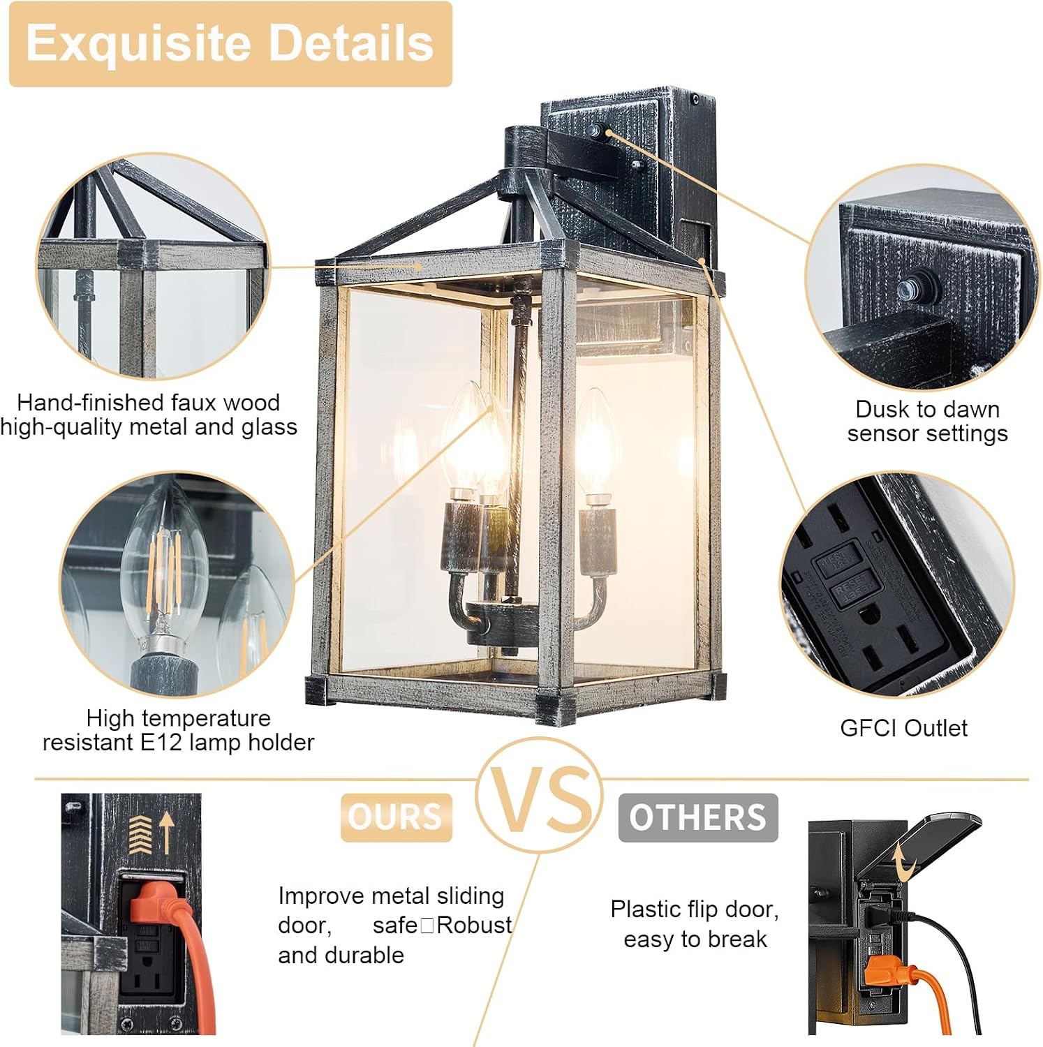 3-Light Extra Large Outdoor Wall Lights, Dusk to Dawn Outdoor Porch Light with GFCI Outlet, Retro Exterior Lights with Clear Glass Front Porch Lanterns, Outdoor Wall Sconce Lighting, Outside Lights