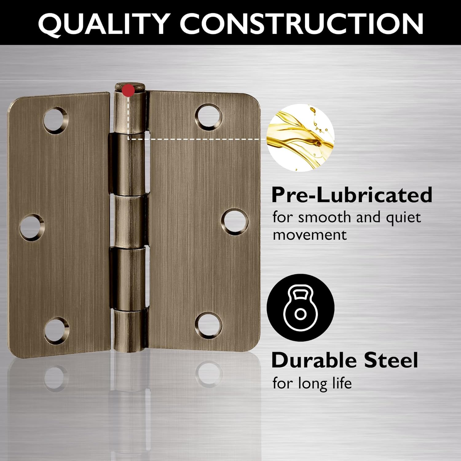 Design House Door Hinges for Interior Doors 6-Pack 4-inch x 4-inch – Rounded 1/4-inch Radius Steel Door Hinge – Antique Brass – Fits Standard Doors – Design House 186080