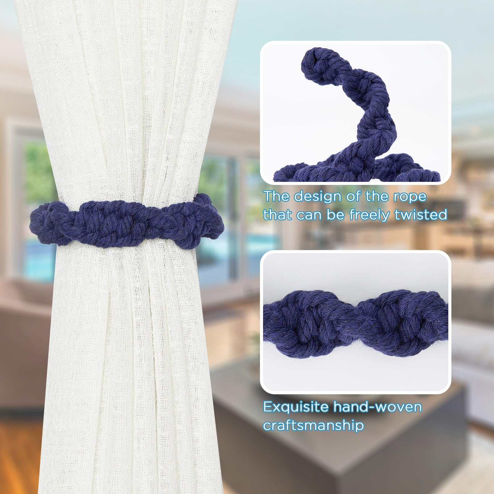 Pretty Jolly 4 Pack Natural Cotton Rope Curtain Tiebacks Farmhouse Rustic Style Decorative Drape Tie Backs Spiral Braided Curtain Holdbacks for Home & Office Sheer/Light Weight Drapery (C-Dark Blue) - Image 3