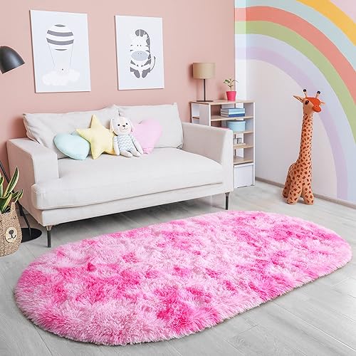 Miniatura 6 de junovo Alfombra lanuda ultra suave y lavable, alfombra ovalada antideslizante para guardería, dormitorio de niños y decoración del hogar (2.6 x 5.3