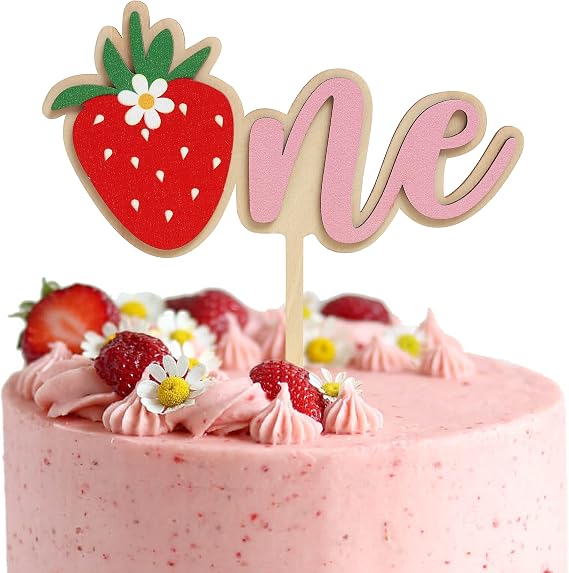 Strawberry 1st Birthday Cake Topper - Wooden Sweet One Decoration For Baby Shower & Parties