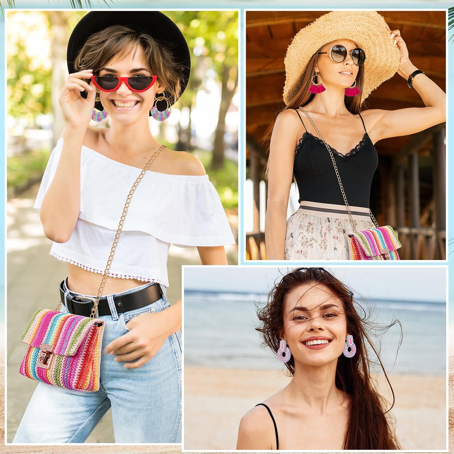 Dansydaisy 5 Pack Striped Straw Clutch Purse Crossbody Vacation Handbag Woven Rattan Dangle Earrings for Women(Colorful,Square Buckle)