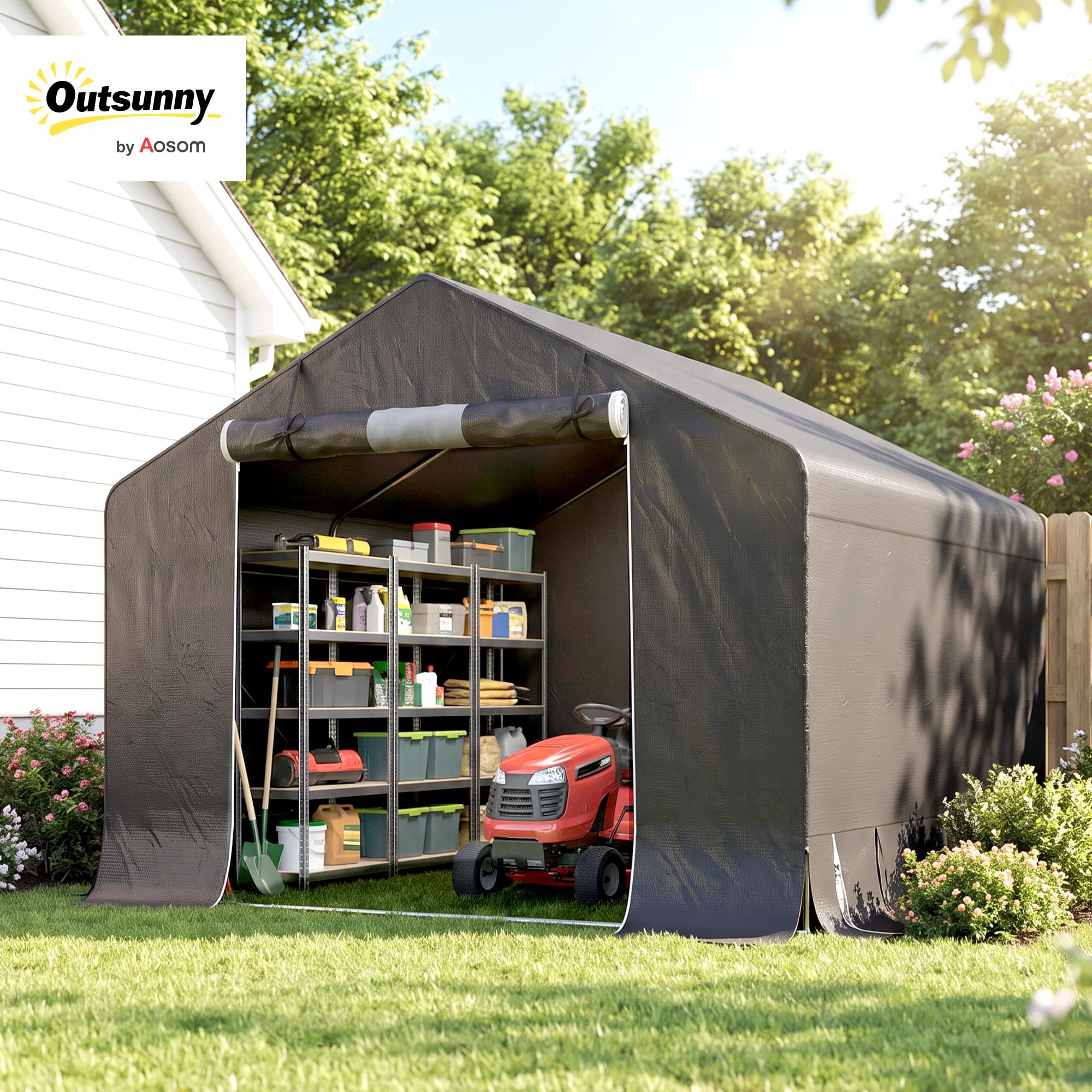 Outsunny Garage Moto per Esterno 3x3m Tenda Garage Impermeabile GrigioScuro | Porta Avvolgibile, Prese d'Aria, per Biciclette e Attrezzi, Metallo e Tessuto PE Anti UV