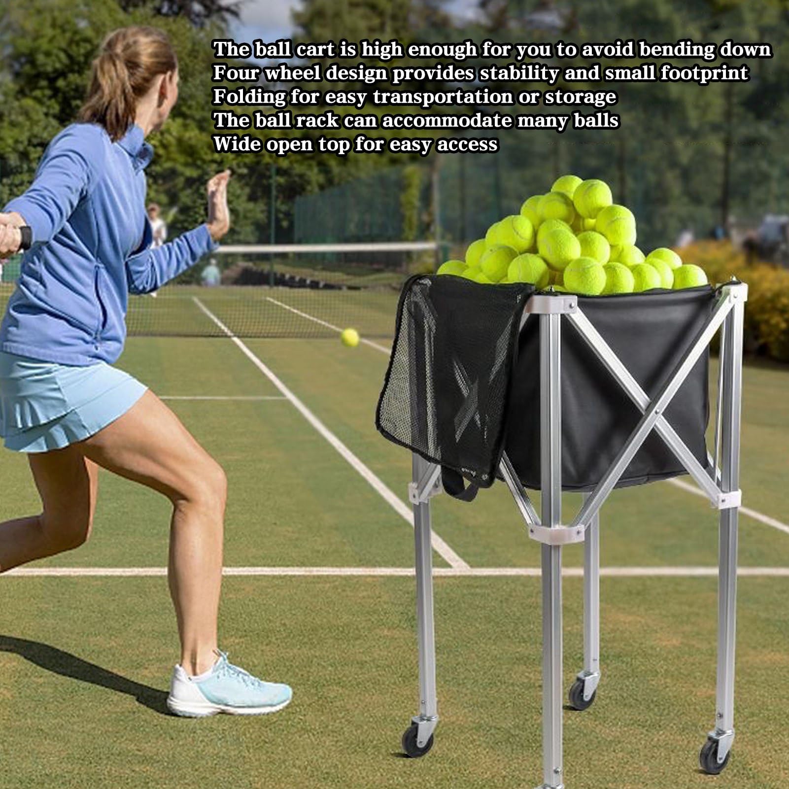 Cryfokt Carrello Pieghevole per Palline da Tennis Carrello Leggero e Facile da Trasportare per Bambini Lega di Alluminio Nera 35,4x16,1x16,1 Pollici