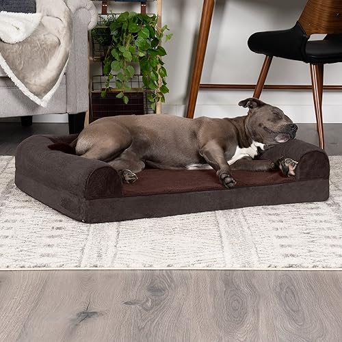 Miniatura 2 de Furhaven Cama ortopédica de espuma para perros, estilo sofá, de sherpa y chenilla, estilo caja de huevos, café, L